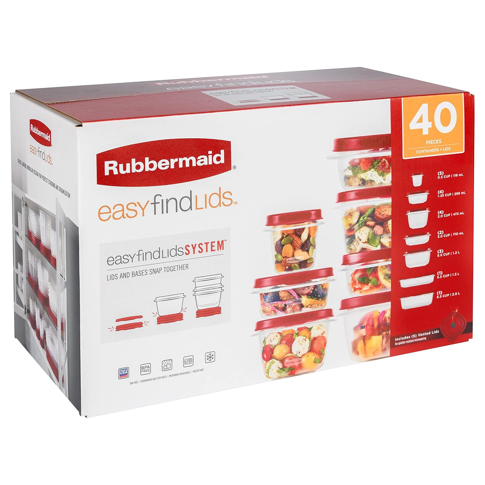 Rubbermaid 42 recipientes de almacenamiento de alimentos con tapas | Organización de cocina apilable de plástico transparente con cubierta ventilada para microondas