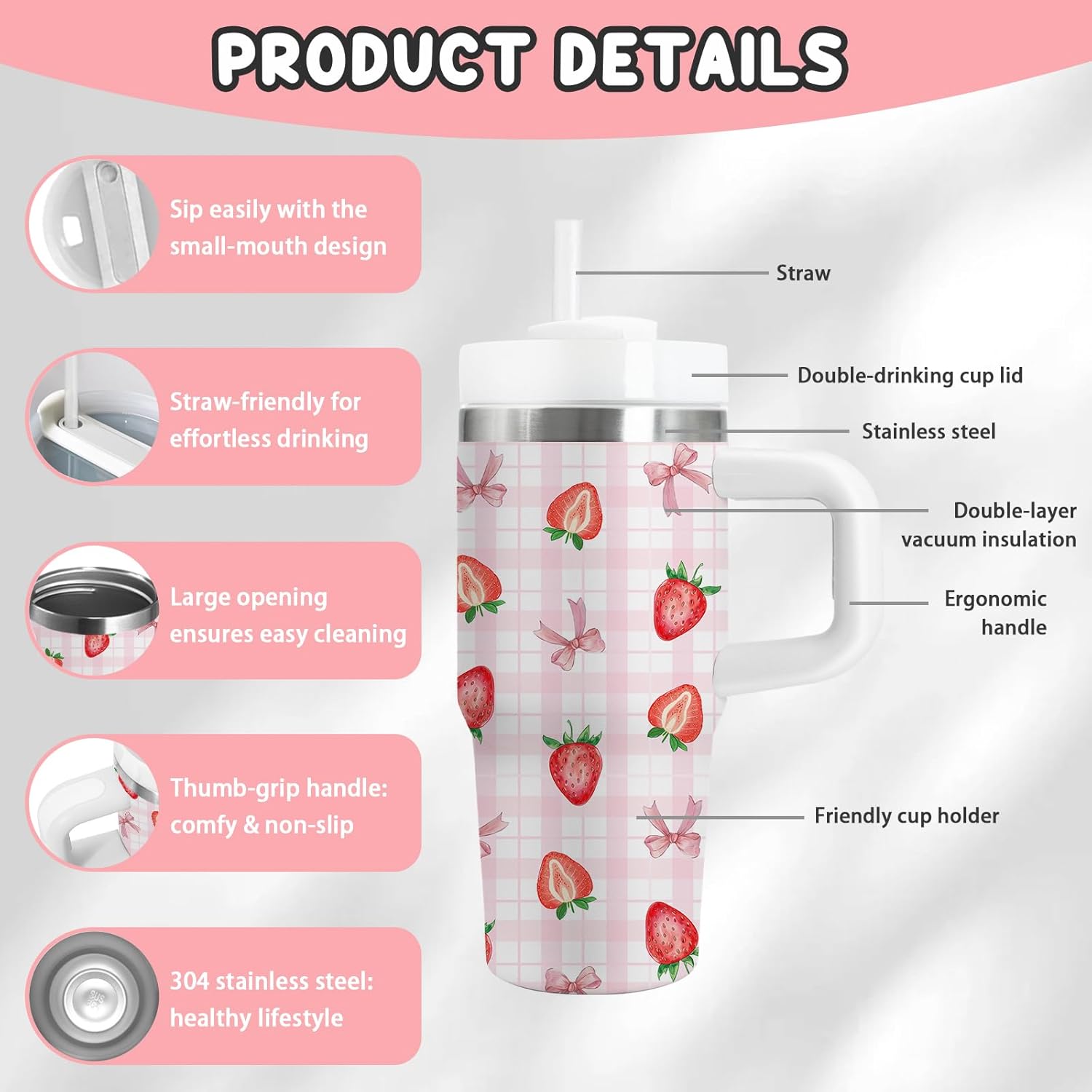 Strawberry Gifts for Girls - 14oz Pink Kids Strawberry Tumbler with Handle and Straw, Stainless Steel Insulated Water Cup, for School, Travel - Strawberries Themed Children Birthday Gift Cup(1pc) - Image 4