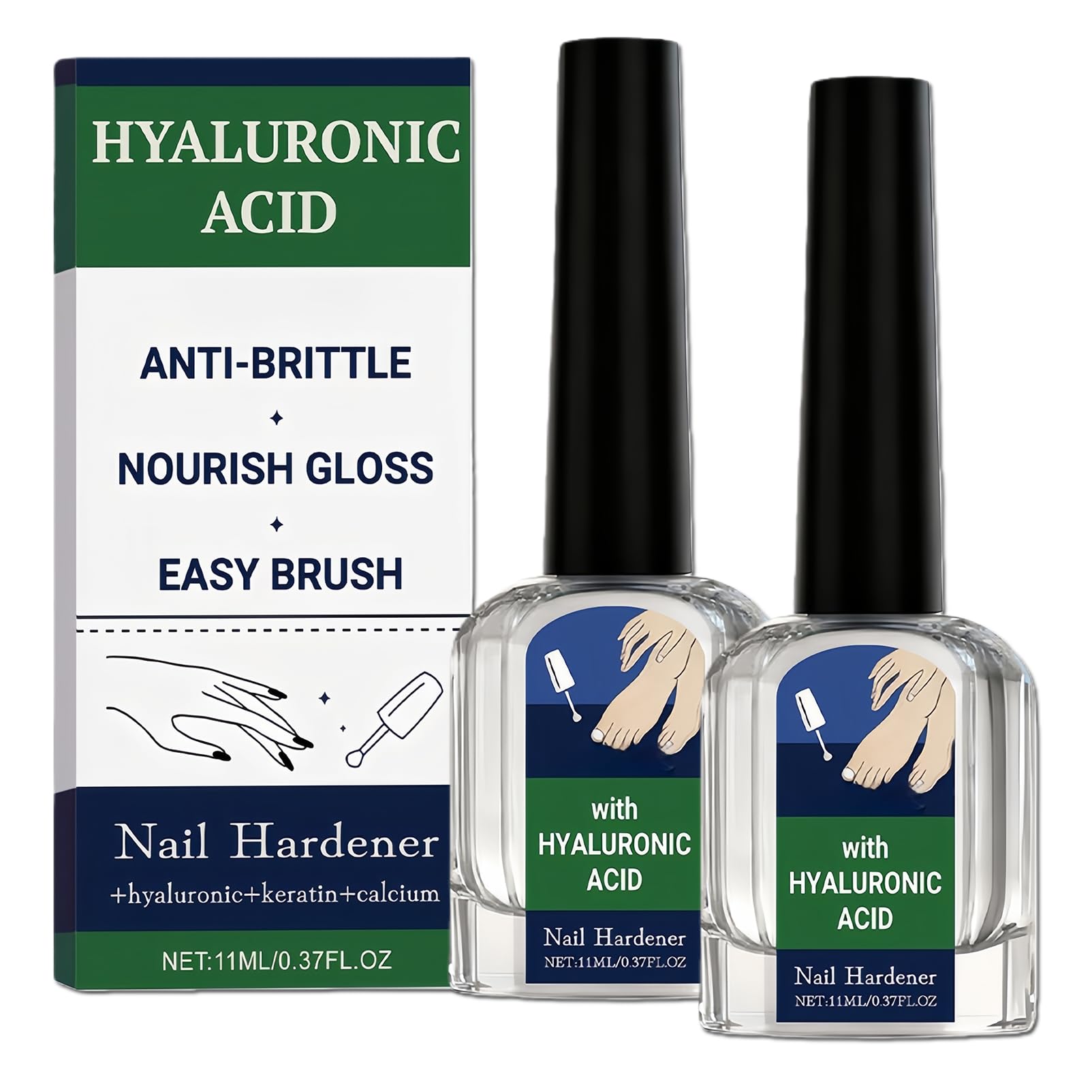 2Pcs Hyaluronic Acid Nail Hardener Set, Nail Strengthener for Brittle Nails, Clear Glossy Nail Polish with Keratin & Calcium, Quick Dry Nail Care for Weak Nails, 11ML Each, Easy to Use 0.37 Fl Oz (Pack of 2)