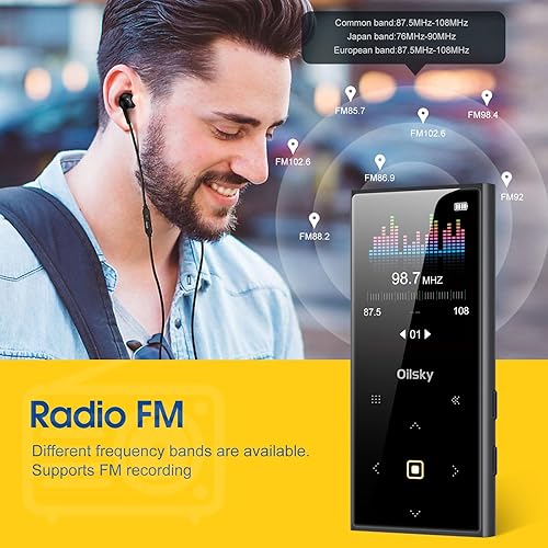 Miniatura 7 de Reproductor de MP3 de 64 GB Bluetooth 5.0, reproductor de música digital portátil sin pérdidas con radio FM, altavoz integrado, botón táctil,