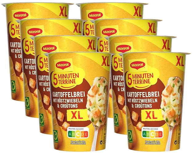 MAGGI 5 Minuten Terrine XL Kartoffelbrei mit Röstzwiebeln und Croutons, leckeres Fertiggericht, Instant Kartoffel-Püree, herzhafter Kartoffel-Snack, 8er Pack (8 x 76g) - Extragroß