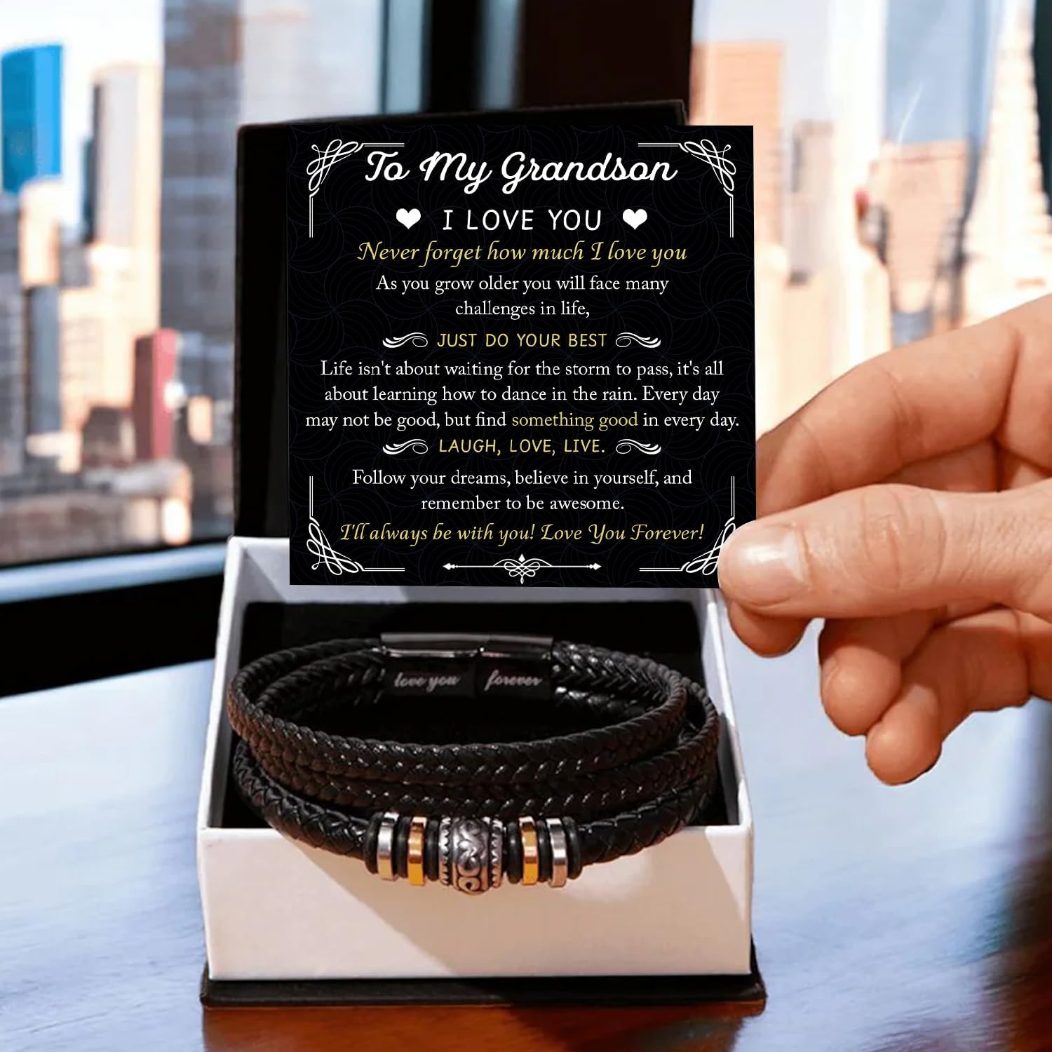 To My Grandson – Braided Leather Bracelet with Love You Forever Message, Thoughtful Gift from Grandpa & Grandma with Elegant Gift Box – Ideal for Birthday, Graduation, Christmas For Grandson
