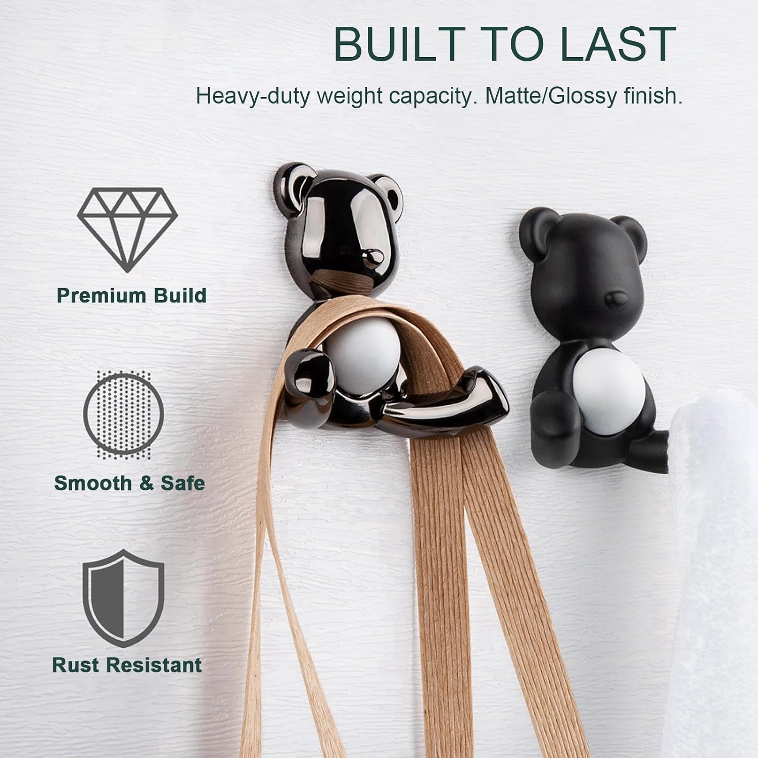 4 Pack Kids Coat Hooks Wall Mount Zinc Alloy (Glossy Black) image 3