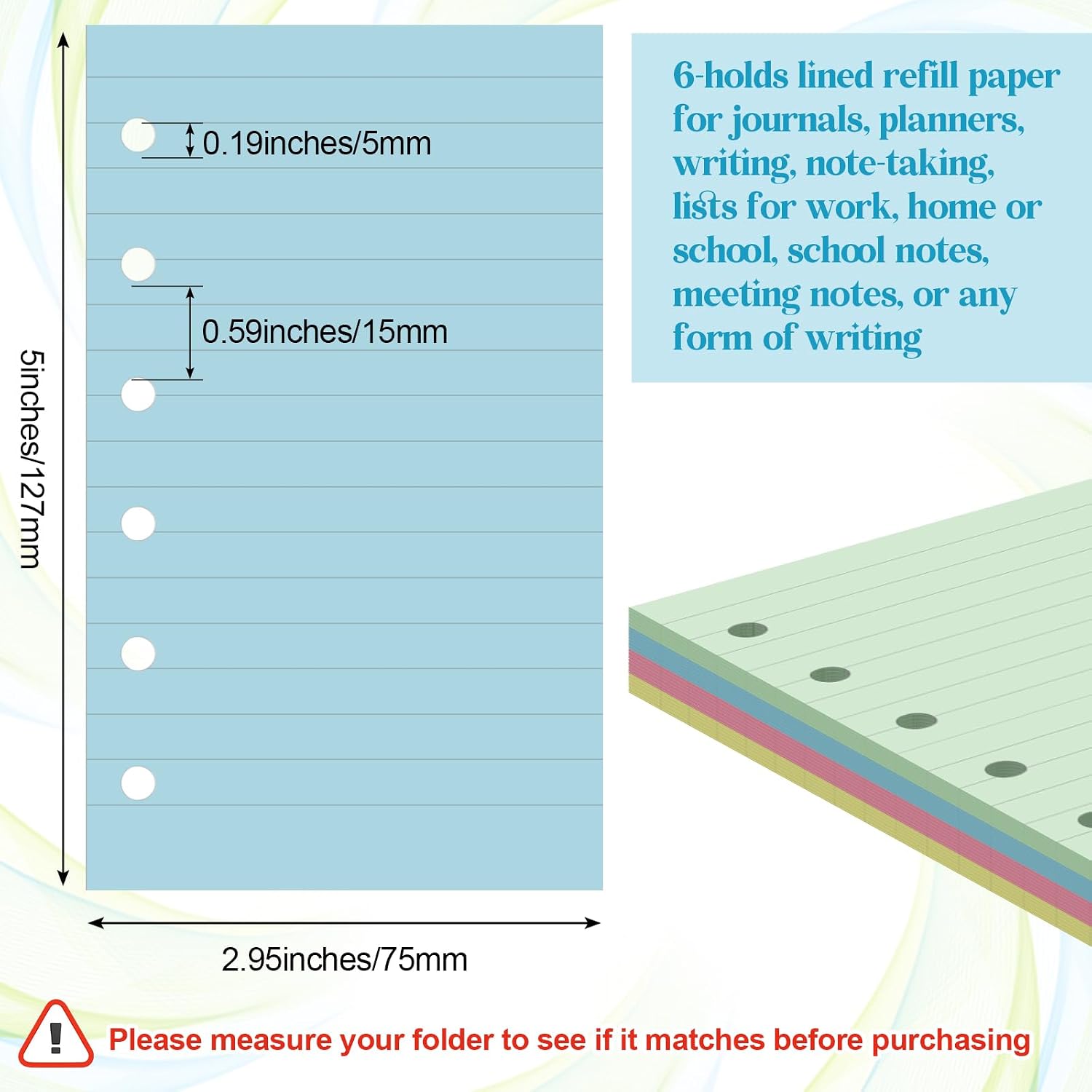 Ireer 200 Pcs 6 Hole 3 x 5" Mini Lined Paper Refill, Pink Blue Yellow Green image 2