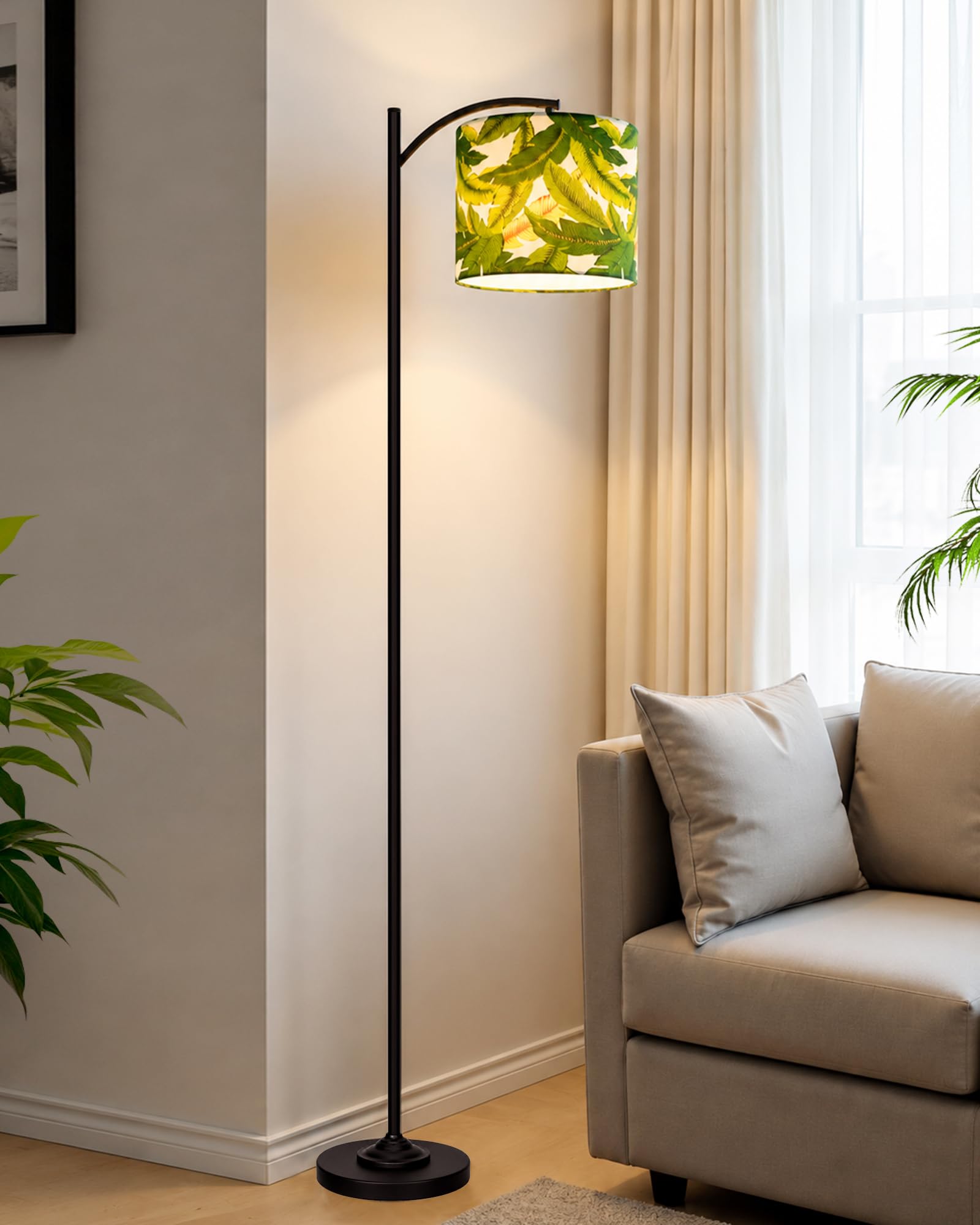 homesake® arc modern floor lamp with leaf printed fabric shade, black metal frame & sturdy base | e27 standing reading lamp with foot switch for living room, bedroom & office