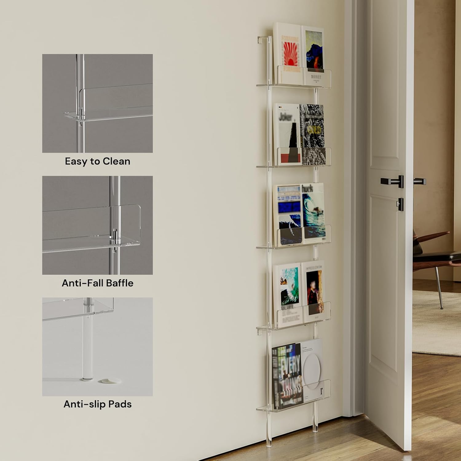 5-Tier Narrow Acrylic Bookshelf, 3.9" D x 15.8" W, Space-Saving Slim Storage Book Shelf for Living Room, Bedroom, Office, Clear Bookcase, Modern, Easy Assembly