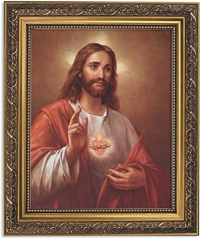 Gerffert Collection La Fuente Scared Heart of Jesus Framed Portrait Print, 13 Inch (Ornate Gold Tone Finish Frame)