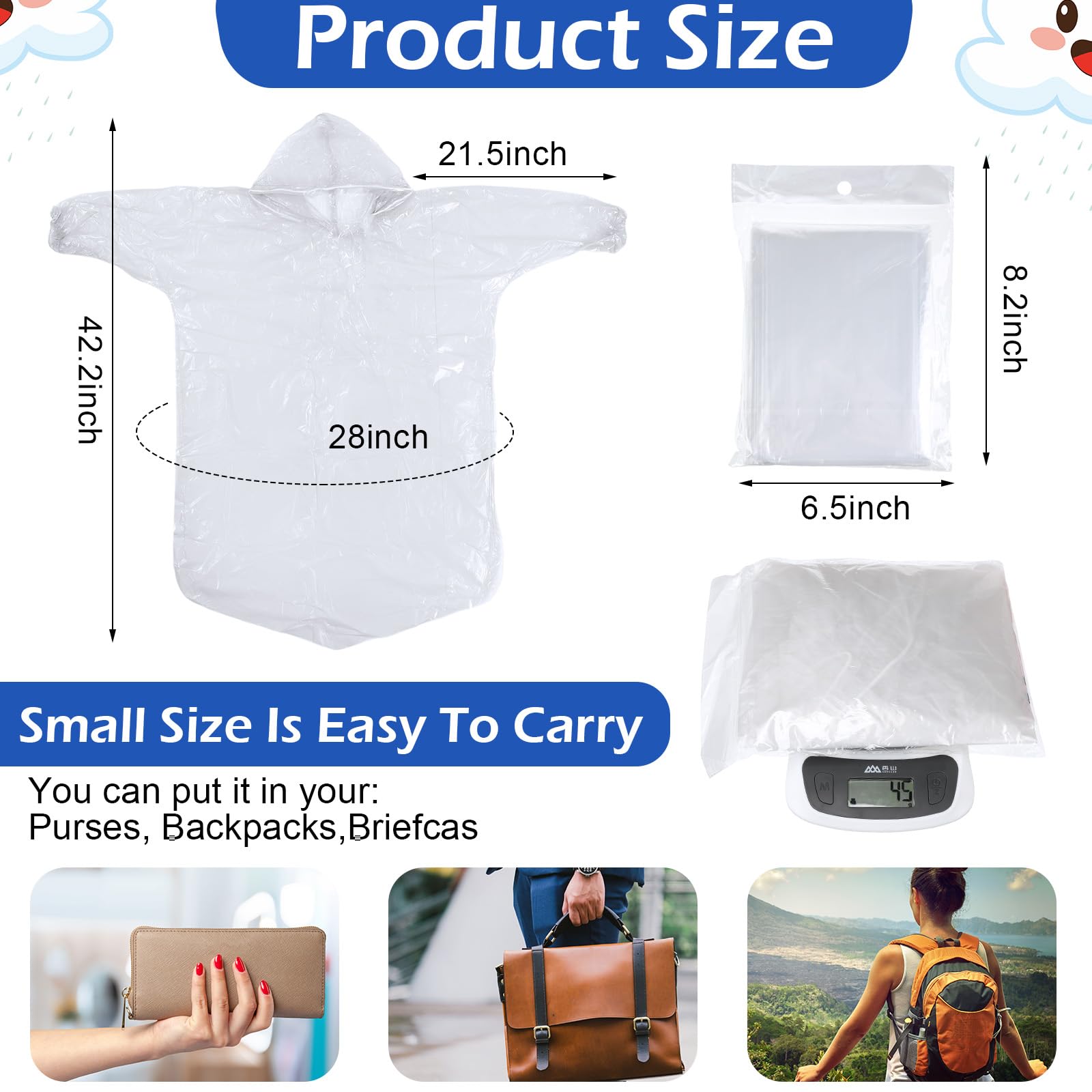 Berlune 40 poncho per bambini usa e getta per bambini, poncho antipioggia per bambini, impermeabile di emergenza con cappuccio con coulisse e maniche elastiche