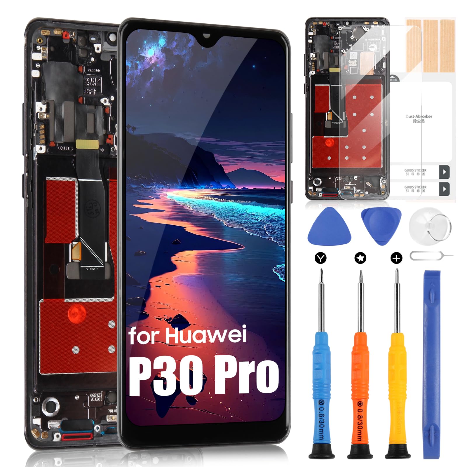 Pantalla para Huawei P30 Pro LCD Pantalla para Huawei P30 Pro VOG-L29 VOG-L09 VOG-AL00 LCD Pantalla Táctil Digitalizador Asamblea + Reparación (Negro con Marco Incell, Not Support Huellas Digitales)