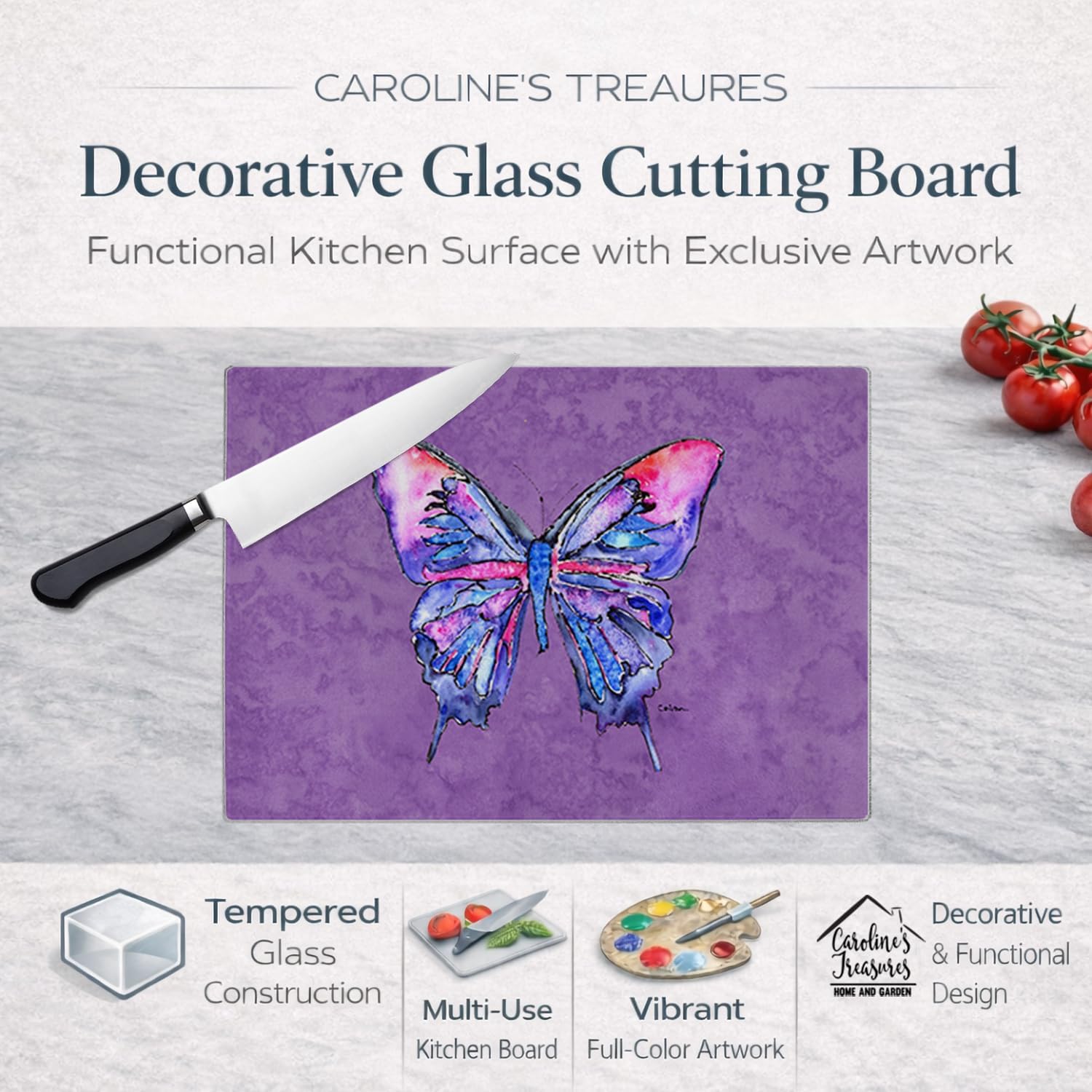 Caroline's Treasures 8860LCB Butterfly on Purple Glass Cutting Board Large Decorative Tempered Glass Kitchen Cutting and Serving Board Large Size Chopping Board