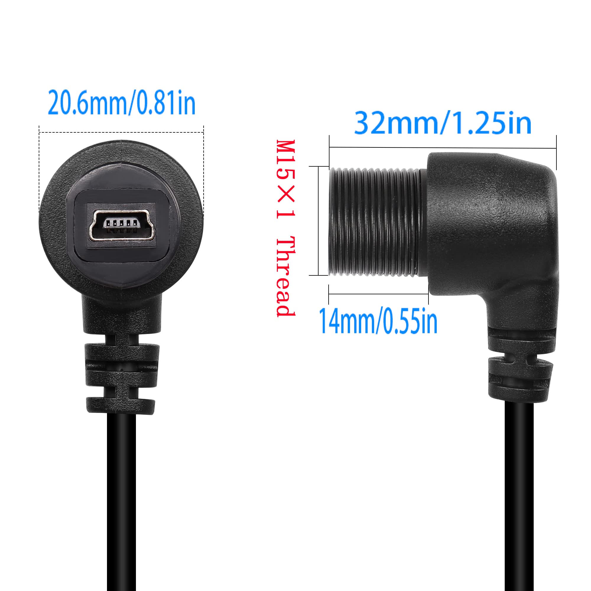 QIANRENON 90 gradi Angolo Mini USB pannello Montaggio Da incasso Estensione Cavo Mini USB 5Pin maschio a femmina retto angolo impermeabile Cavo, Filettato fissaggio, 28cm/11in (curva destra