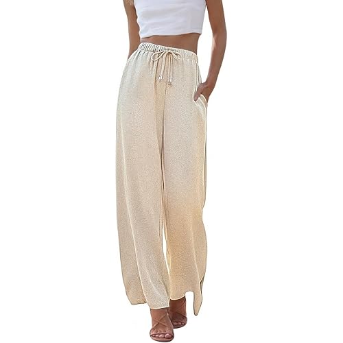UMIPUBO Womens Linen Pants Flowy Palazzo Wide Leg Pants | Casual Pants,High Waisted Drawstring Trousers,Drawstring Elastic Waist Trousers,Summer Beach Vacation Pants