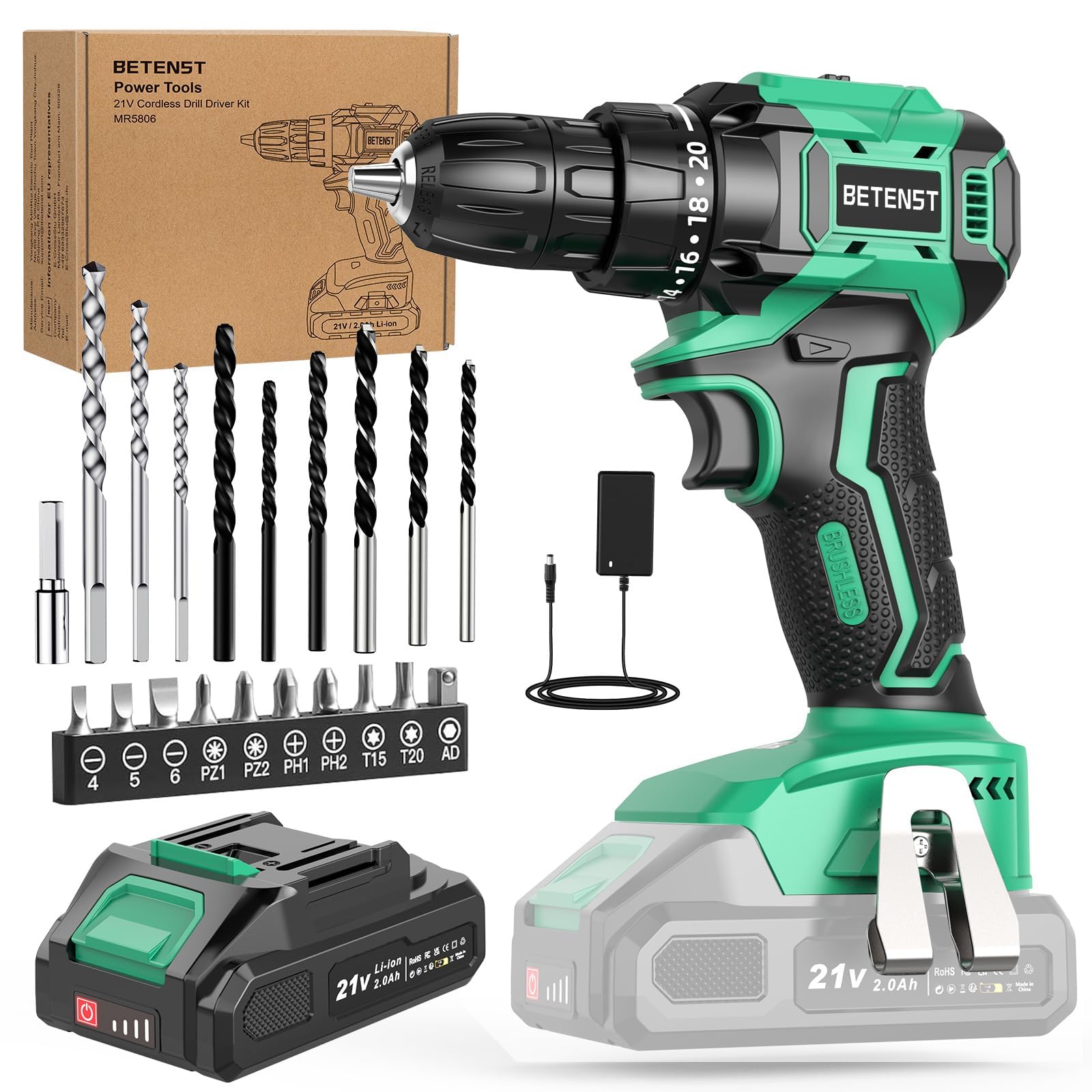 Taladro Atornillador Batería Sin Escobillas, BETENST Atornillador Electrico 21V con 2.0Ah Baterías, 45N.m Taladro Inalámbrico, 20 Ajuste de Par, 20 Accesorios, 2 Velocidad, Luz LED Para Bricolaje