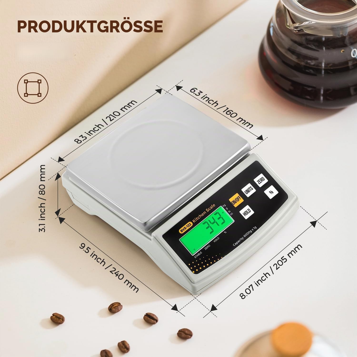 Bonvoisin 6 kg/2 g Große Digitale Küchenwaage, mit g/oz, Prozentfunktion | Hochpräzise Bäckereiwaage mit Wiegeplatte aus Rostfreiem Stahl. zum Backen, Kerzen und Seifen, inkl. Batterien