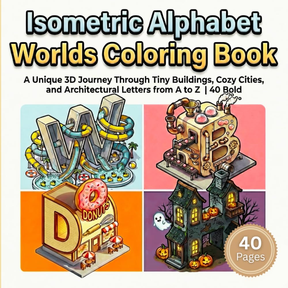 Isometric Alphabet Worlds Coloring Book: A Unique 3D Journey Through Tiny Buildings, Cozy Cities, and Architectural Letters from A to Z