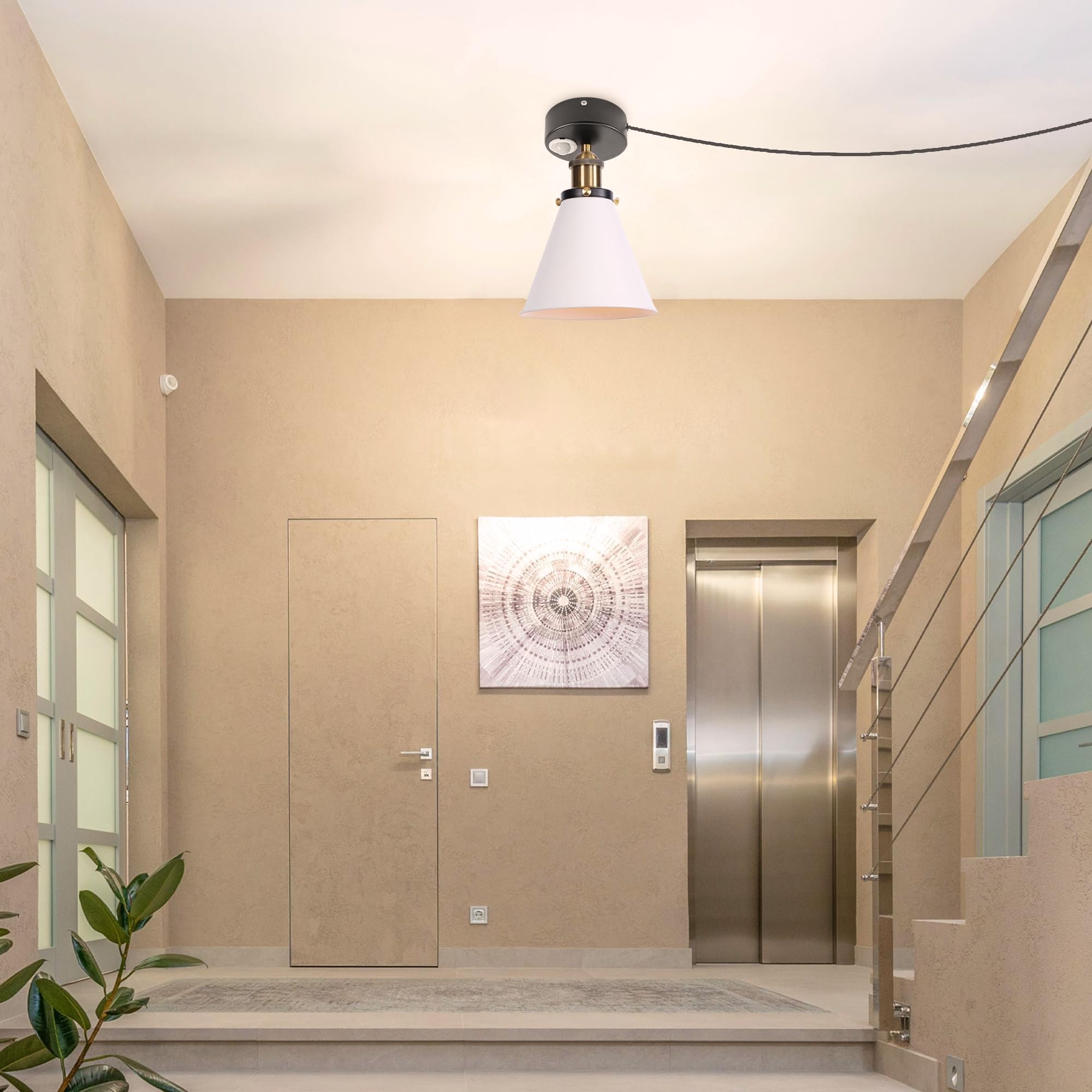 Plafoniera con sensore di movimento interno, in ferro industriale, con sensore di movimento radar con cavo da 4,5 m e portalampada E27, per corridoio, bagno, scale, garage, bianco e oro