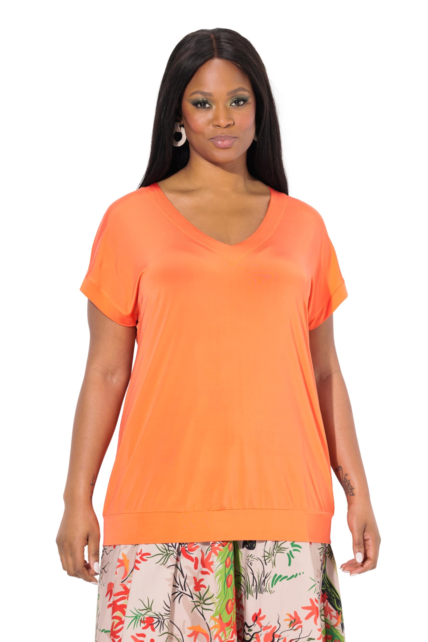 Ulla Popken Damen große Größen Übergrößen Plus Size Slinkyshirt, Elastiksaum, Oversized, V-Ausschnitt, Halbarm 840123