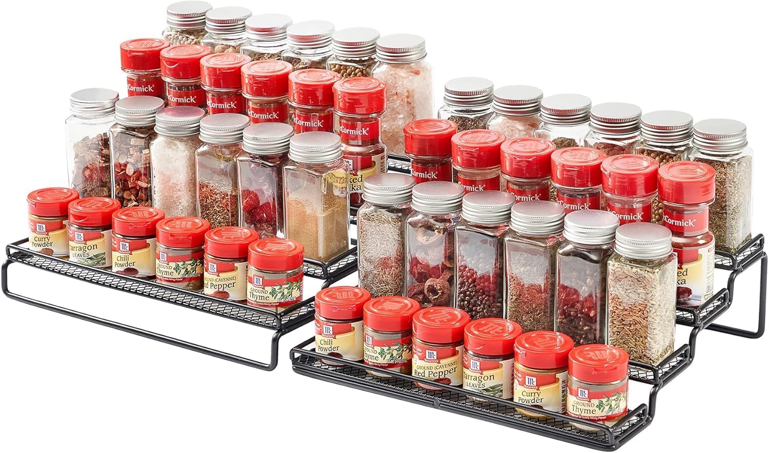 2 Pack Spice Rack Organizer for Cabinet, 4 Tier Expandable Seasoning Organizer Shelf, Spice Holder with Protection Railing, Metal, Black