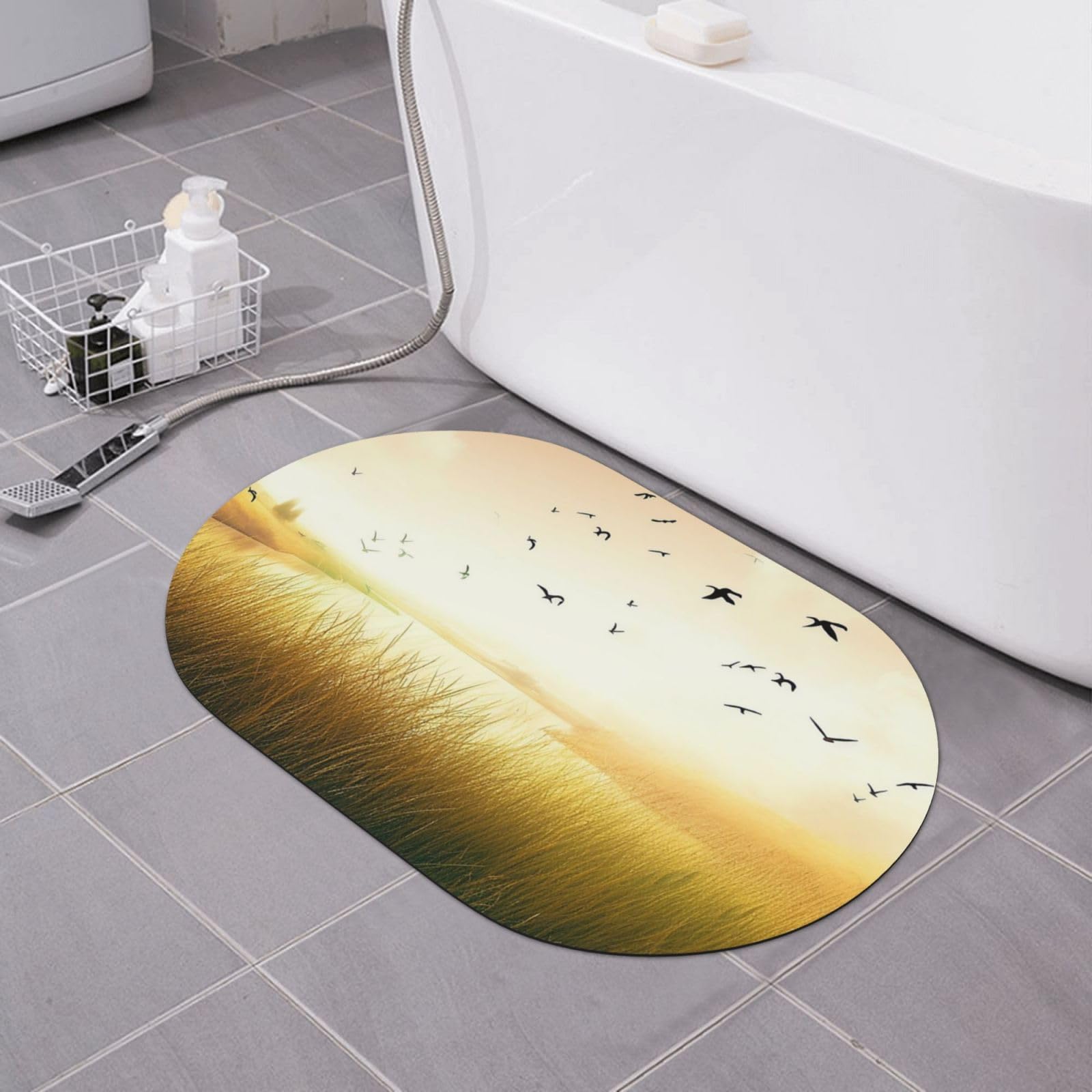 Tapis de bain en pierre de diatomée avec motif nature herbe et oiseaux