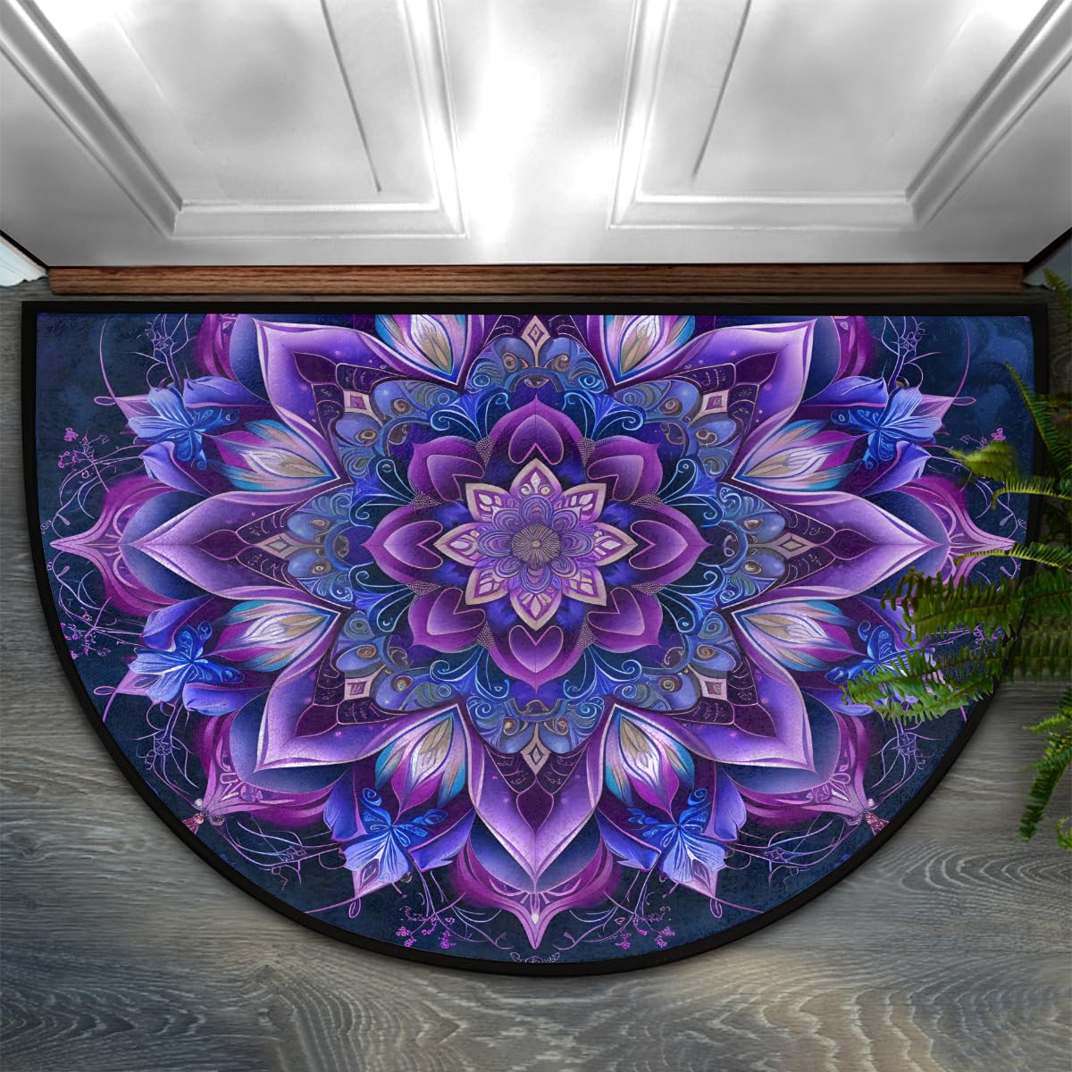 Half Round Doormat Non-Slip Washable Ethnic Purple And Blue Mandala Semi Circle Rug Soft Absorbent Half Moon Mat for Indoor Outdoor Entrance Kitchen
