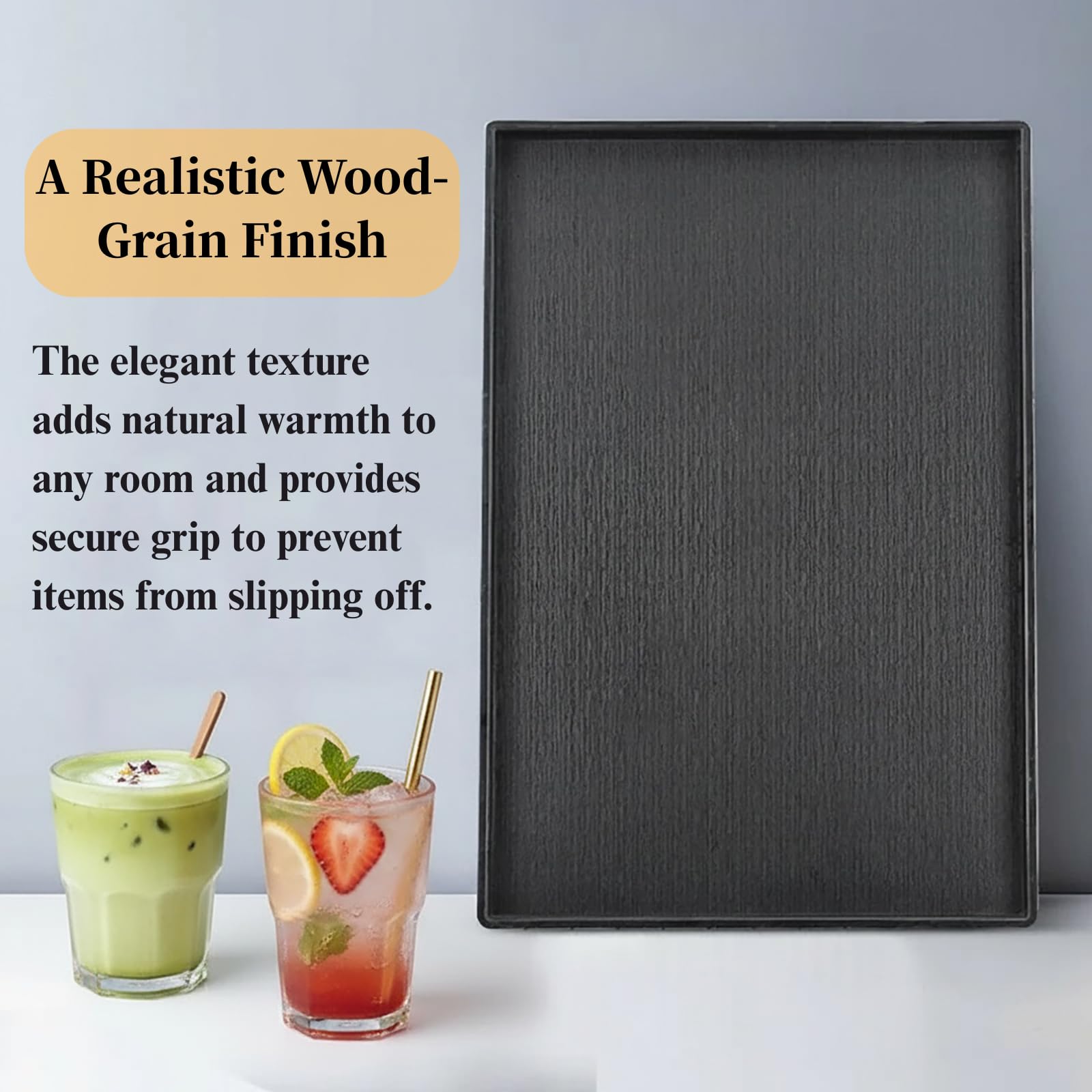 Cedilis Paquete de 2 bandejas rectangulares negras para servir, bandeja de plástico antideslizante, bandejas otomanas modernas para centro de mesa, decoración del hogar, baño, encimera de cocina