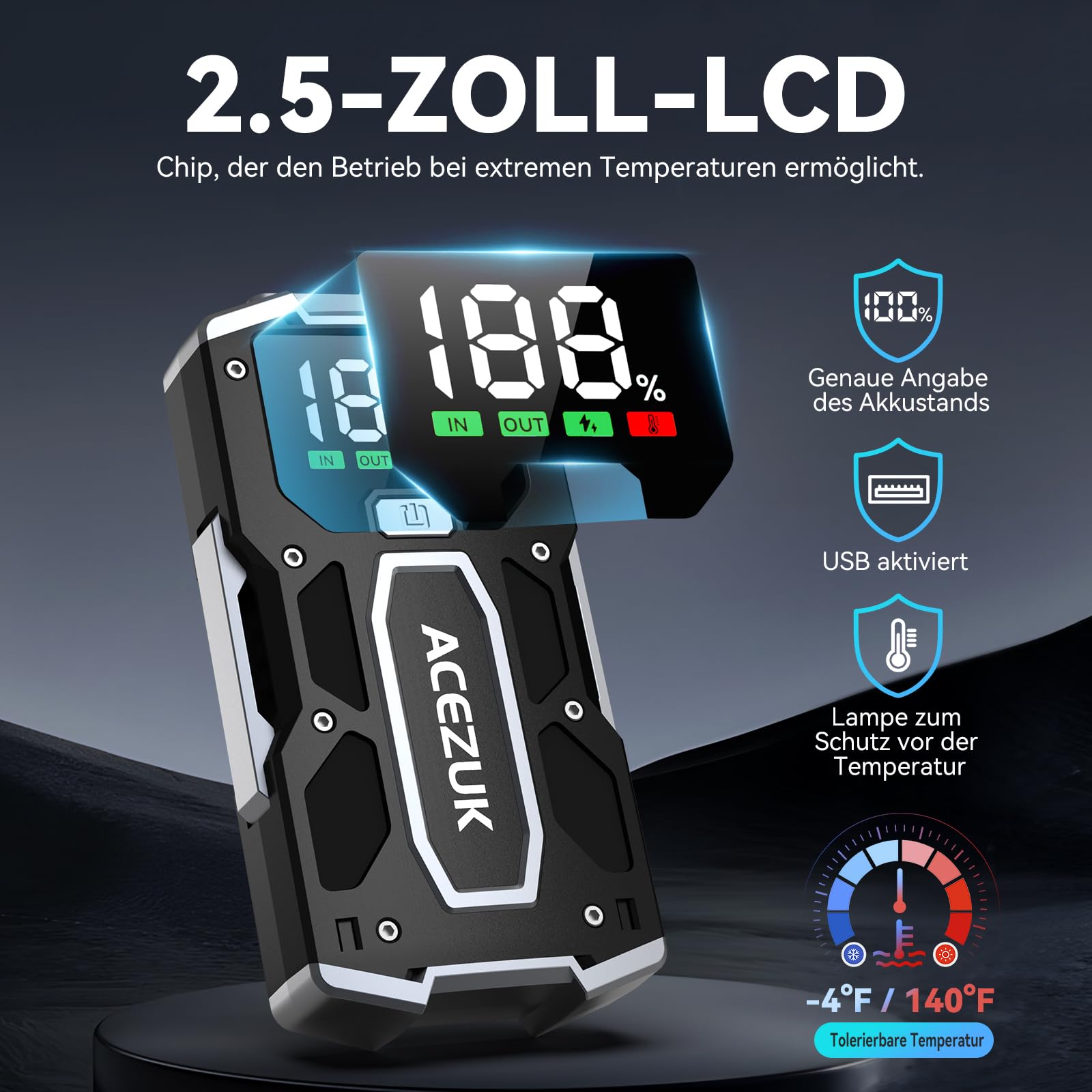 ACEZUK Starthilfe Powerbank 8000A, Leistungsstarker 12V Autobatterie Booster für PKW, SUV, Motorrad und Rasenmäher, Startet bis zu alle Benziner &10.0L Diesel, LCD-Großdisplay, LED-Notlicht