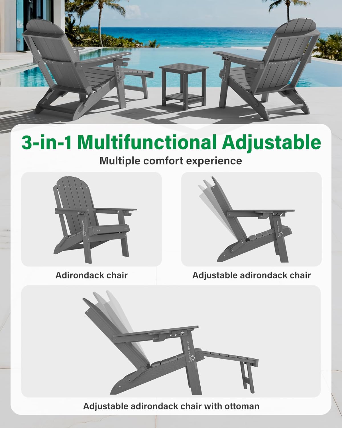 YEFU Adirondack Chairs Set of 2 for Outdoor: Folding Adirondack Chairs with Retractable Ottoman & Cup Holder - HDPE Plastic Adjustable All-Weather Chair for Patio/Pool/FirePit- Easy Assembly(Grey)
