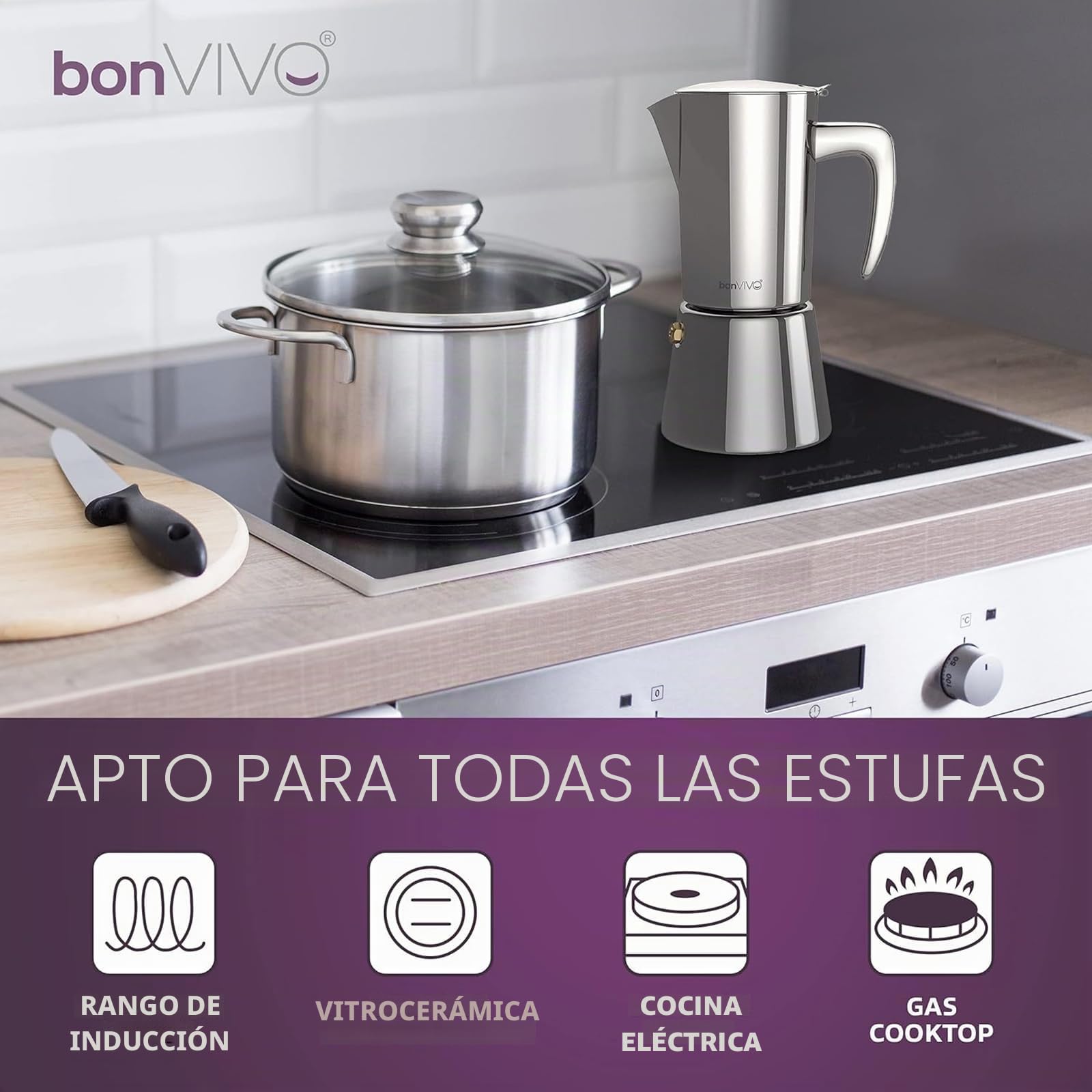 bonVIVO Cafetera Italiana – Cafetera Moka de Acero Inoxidable para Café Espresso – 6 Tazas – Compatible con Inducción, Vitrocerámica, Gas y Eléctrica – Color Cobre Elegante