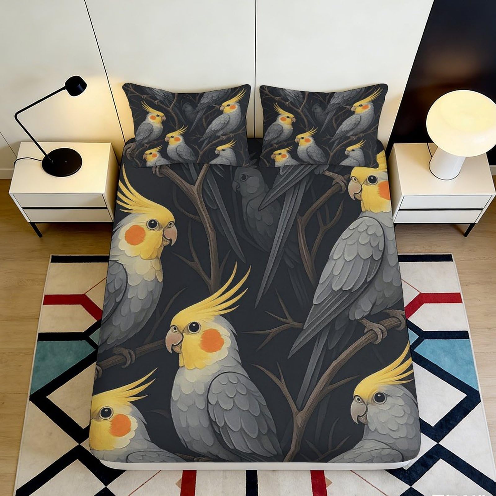 3D Printed Cockatiel Parrot Fitted Sheet Microfiber Soft Breathable Bird Branch Mattress Cover for Bedroom Decor 90x200x25cm