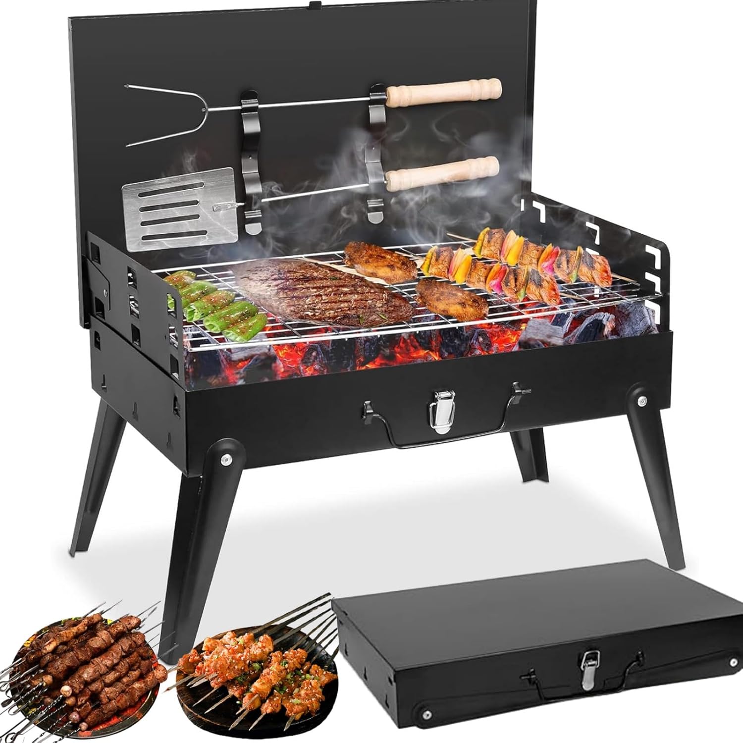 Portable Charcoal BBQ Grill Kit, Foldable Camping Grill for Outdoor Cooking, Compact Design with Barbecue Tools, Perfect for Beach, Backyard, Picnics (Black)