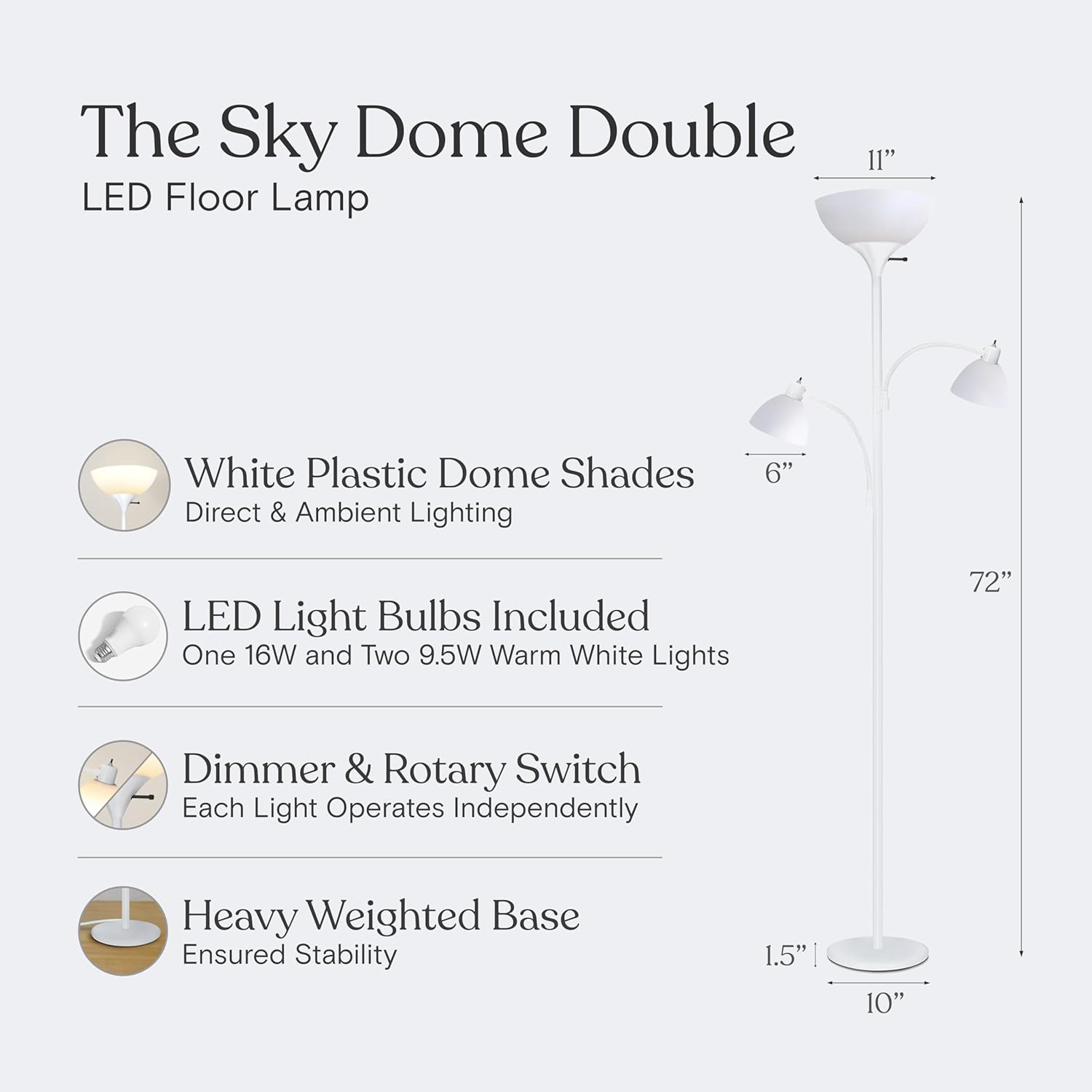 Brightech Sky Dome Double – High Brightness Torchiere Floor Lamp with 2 Reading Lights for Living Rooms, Bedrooms – Replace Halogen Standing Lamps with Efficient LED Office Lighting - Tall White Pole