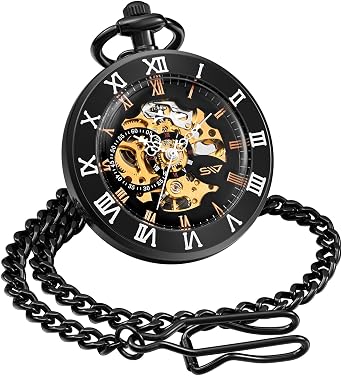 ShoppeWatch Mens Pocket Watch with Chain | Wind Up Pocket Watch | Open Face Transparent Mechanical Movement Pocketwatch and Chain | 1920s Railroad Steampunk Costume Accessory