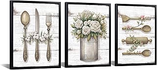 KREATIVE ARTS Farmhouse Kitchen Wall Art Set Rustic Floral Utensils Canvas Prints Framed Kitchen Decor for Dining Room Pantry Breakfast Area Country Cottage White Wood Background 3 Pack