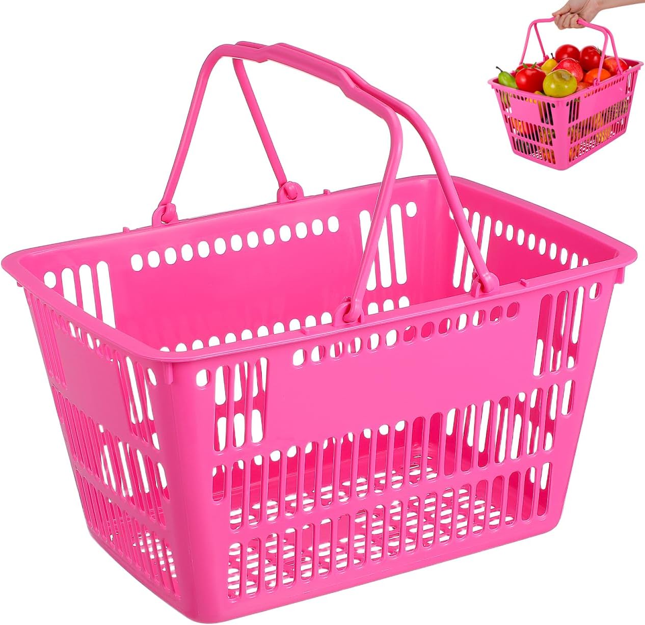 Plastic Shopping Basket with Handles Pink Large Capacity Storage Basket for Grocery Produce and Organizing Sundries 15X10X8 Inch