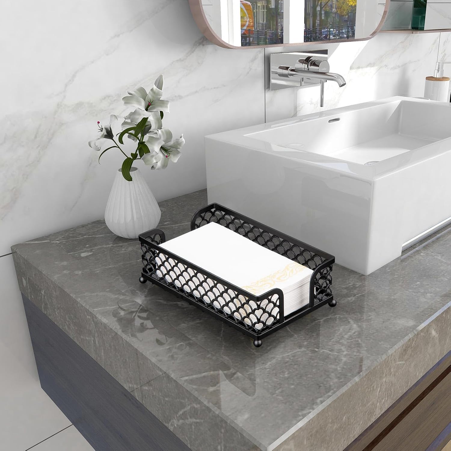 Metal Guest Towel Napkin Holder Tray for Bathroom (Black)