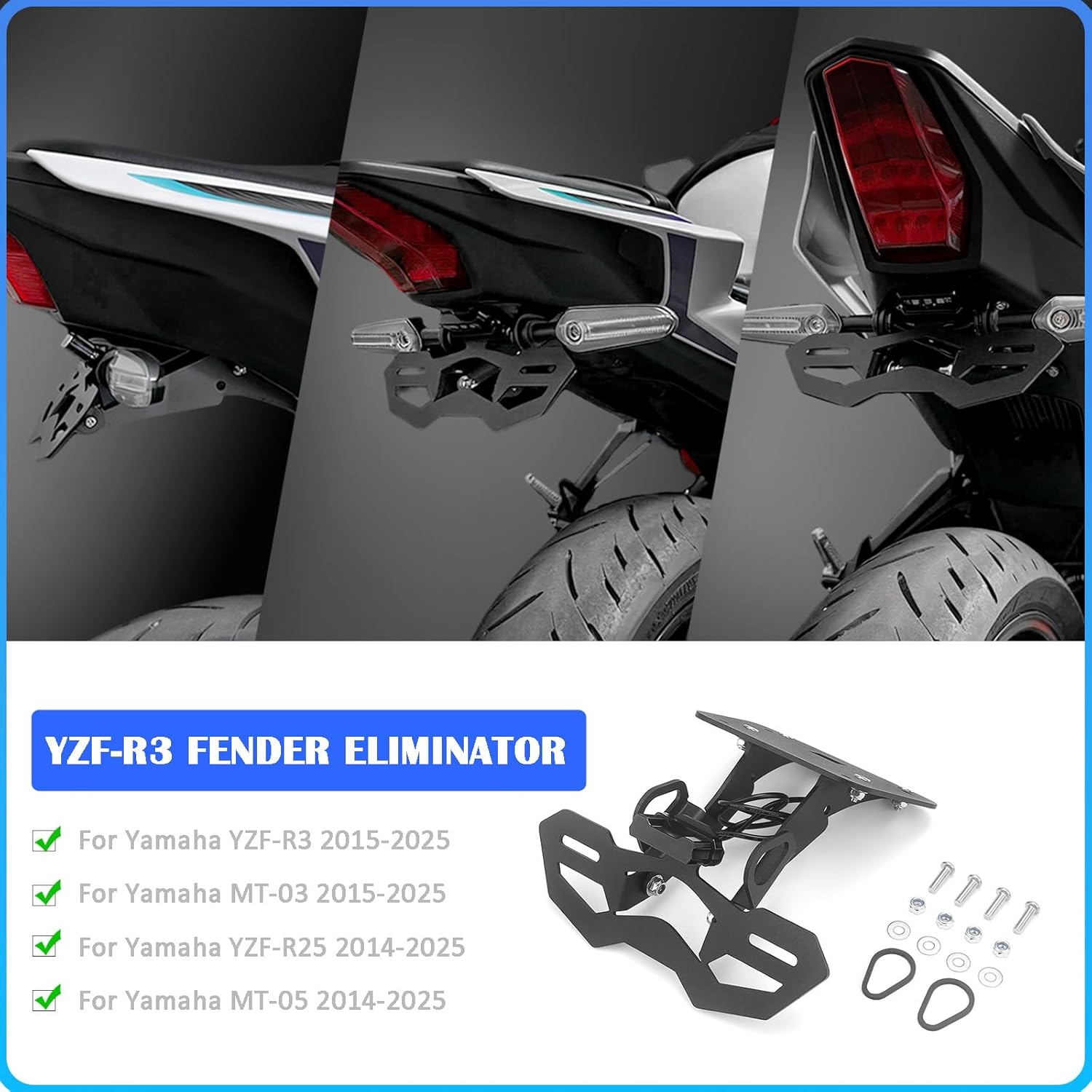 Motorcycle License Plate Holder Bracket, for Yamaha YZF-R25 2014-2025 / YZF-R3 MT-25 MT-03 2015-2025, Fender Eliminator with LED License Plate Lights and Turn Signal Mounting Holes (Black)