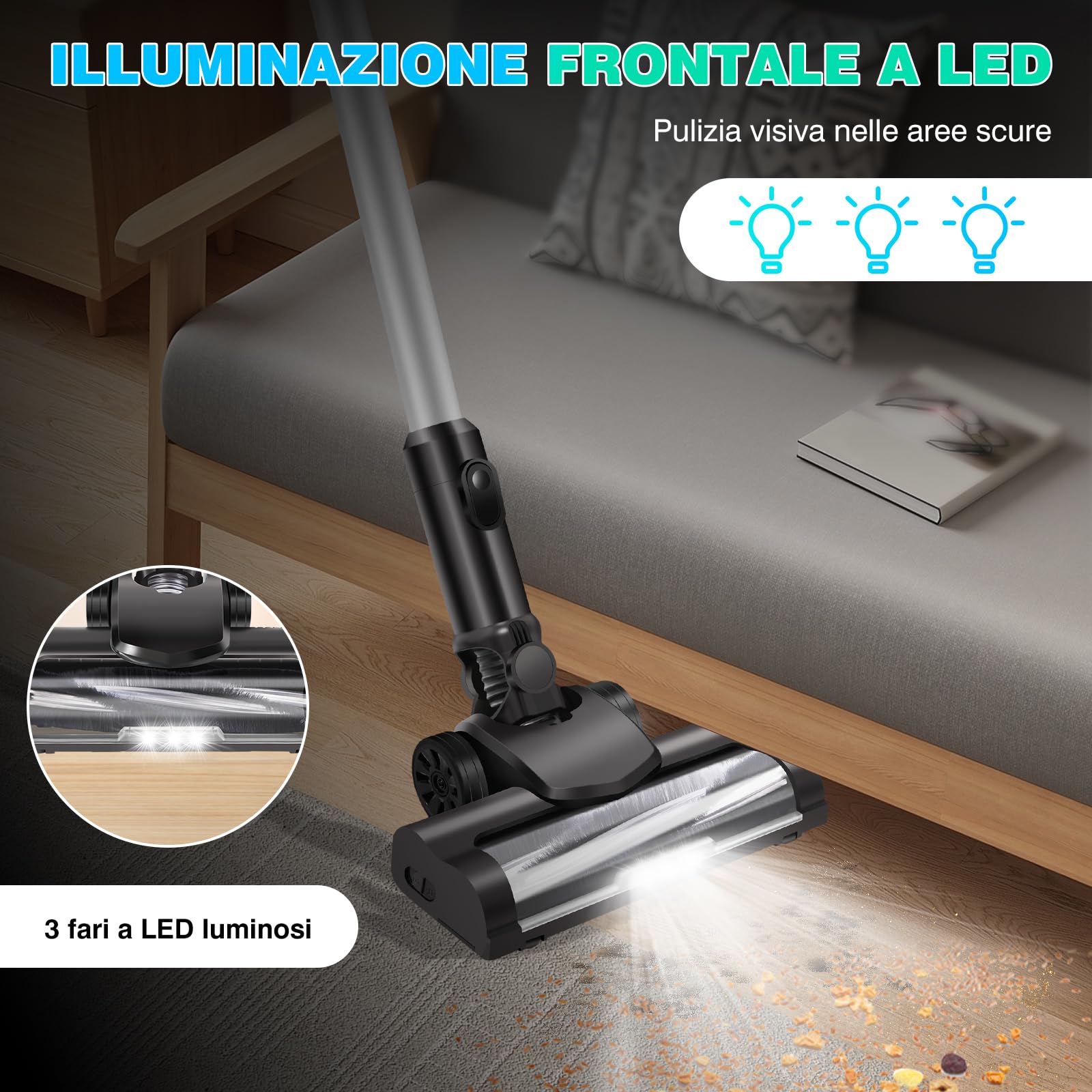 Aspirapolvere a Batteria 30KPA 45 minuti di Autonomia Aspirapolvere Autoportante Leggero e Silenzioso con Luci a LED per Tappeti, Pavimenti in Legno Duro, Peli di Animali Domestici