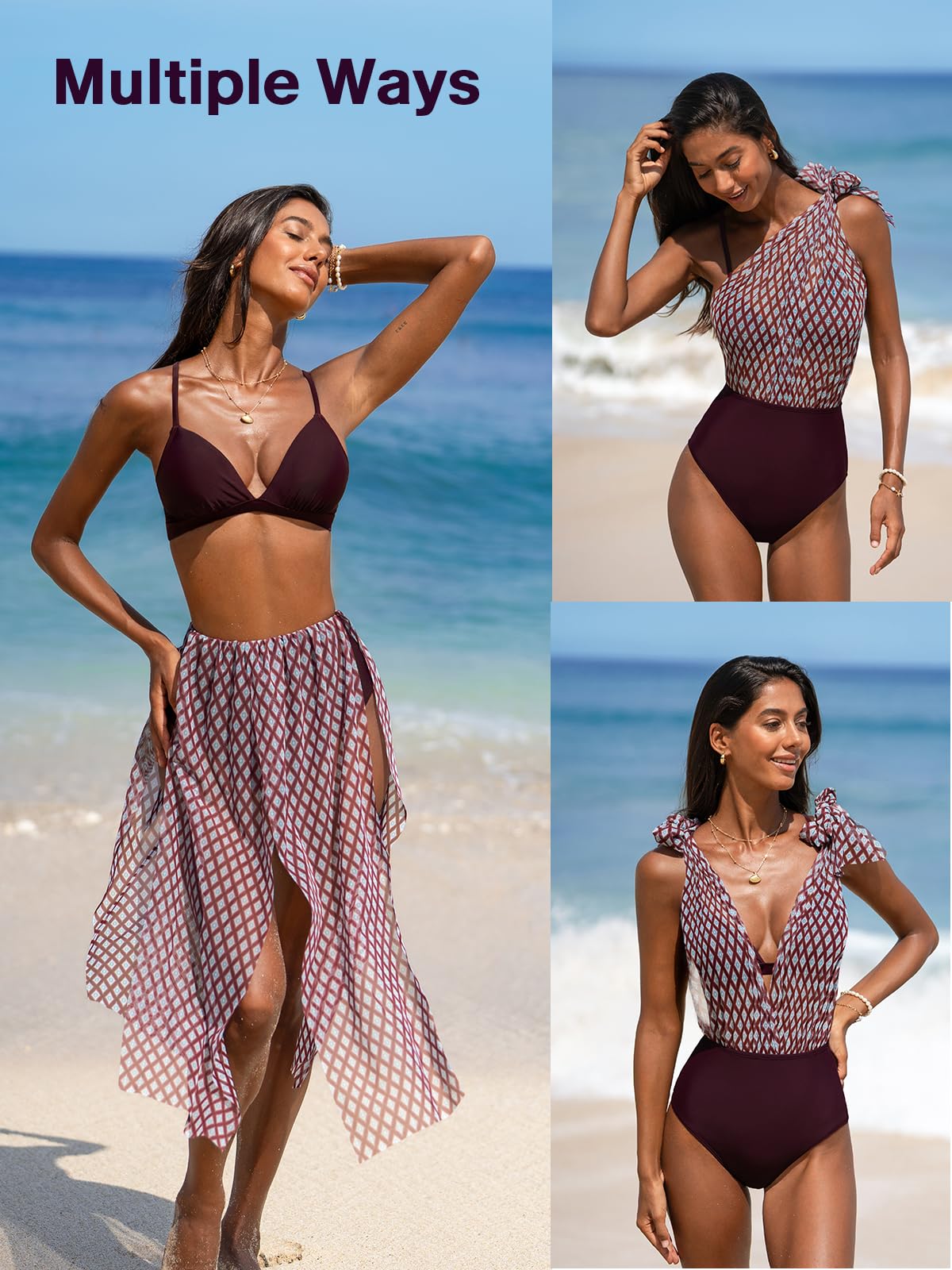 CUPSHE Damski zestaw bikini z wysokim stanem kontrola brzucha strój kąpielowy skromny pełne pokrycie kostium kąpielowy krzyżujący się krawat