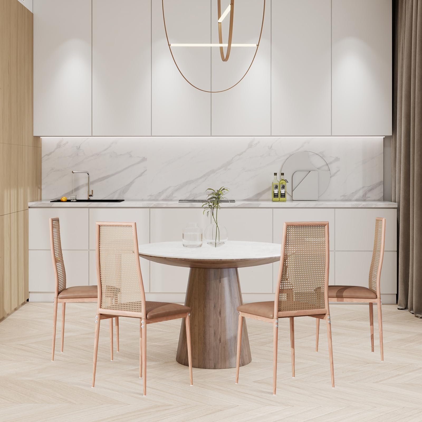 Silla de Comedor Ratan, Sillas Salon Pack 4 sillas Comedor Respaldo Alto Cadeiras Cozinha con Respaldo de Ratán Patas de Metal para Cocina Cafetería Hogar Apartamento (4pc, Color Madera A)