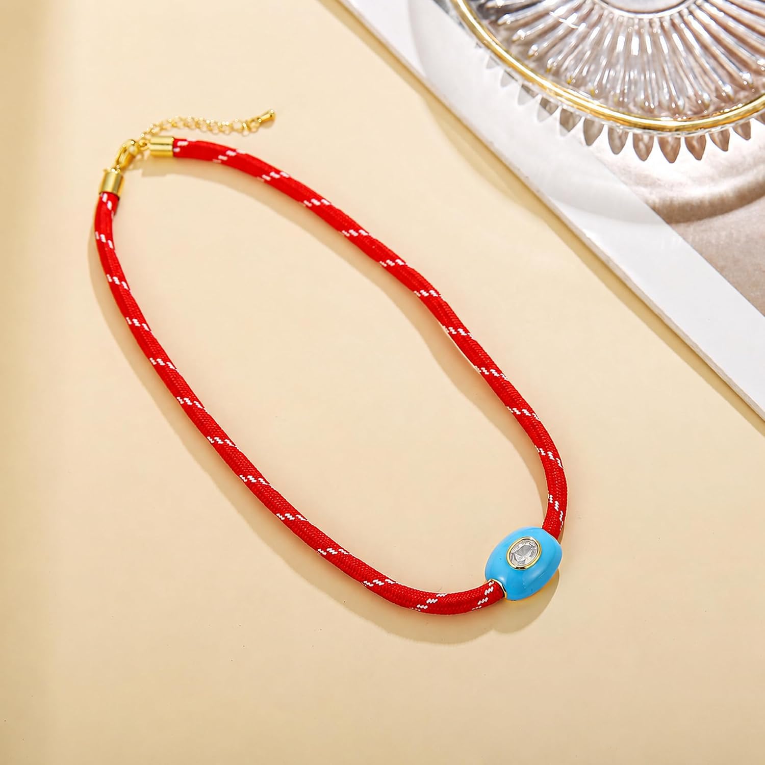 Red Cord Necklace with Blue CZ Charm Pendant for Women