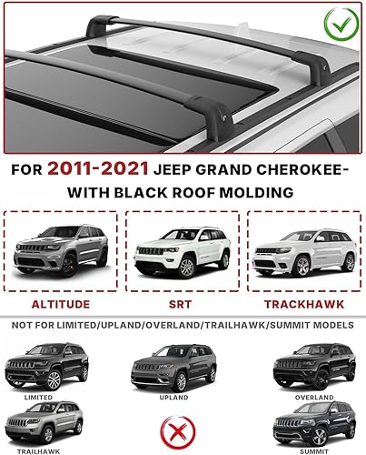 Miniatura 2 de Richeer Barras transversales de techo con cerradura de 260 libras para Grand Cherokee AltitudeSRTTrackhawk 2011-2022 con molduras negras de techo,