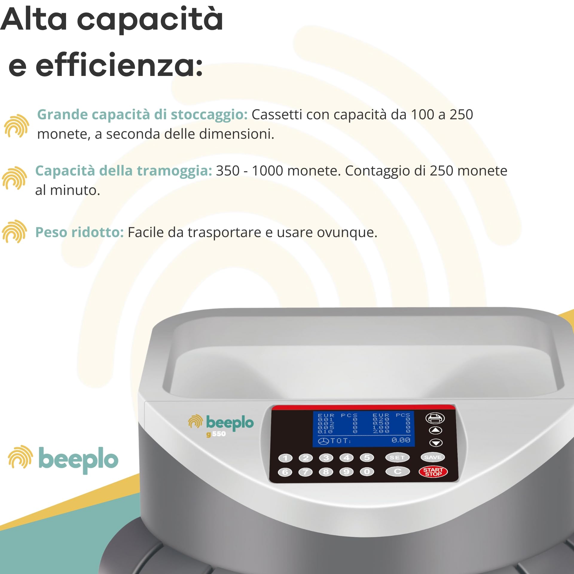 g550 | Contatore e Sorter di Monete Euro | Capacità 500-800 Monete | Fino a 800 monete per ciclo | Precisione Totale | Garanzia 4 anni | Capacità 500-800 Monete, 250 Monete al Minuto, Precisione Totale, Garanzia 4 anni