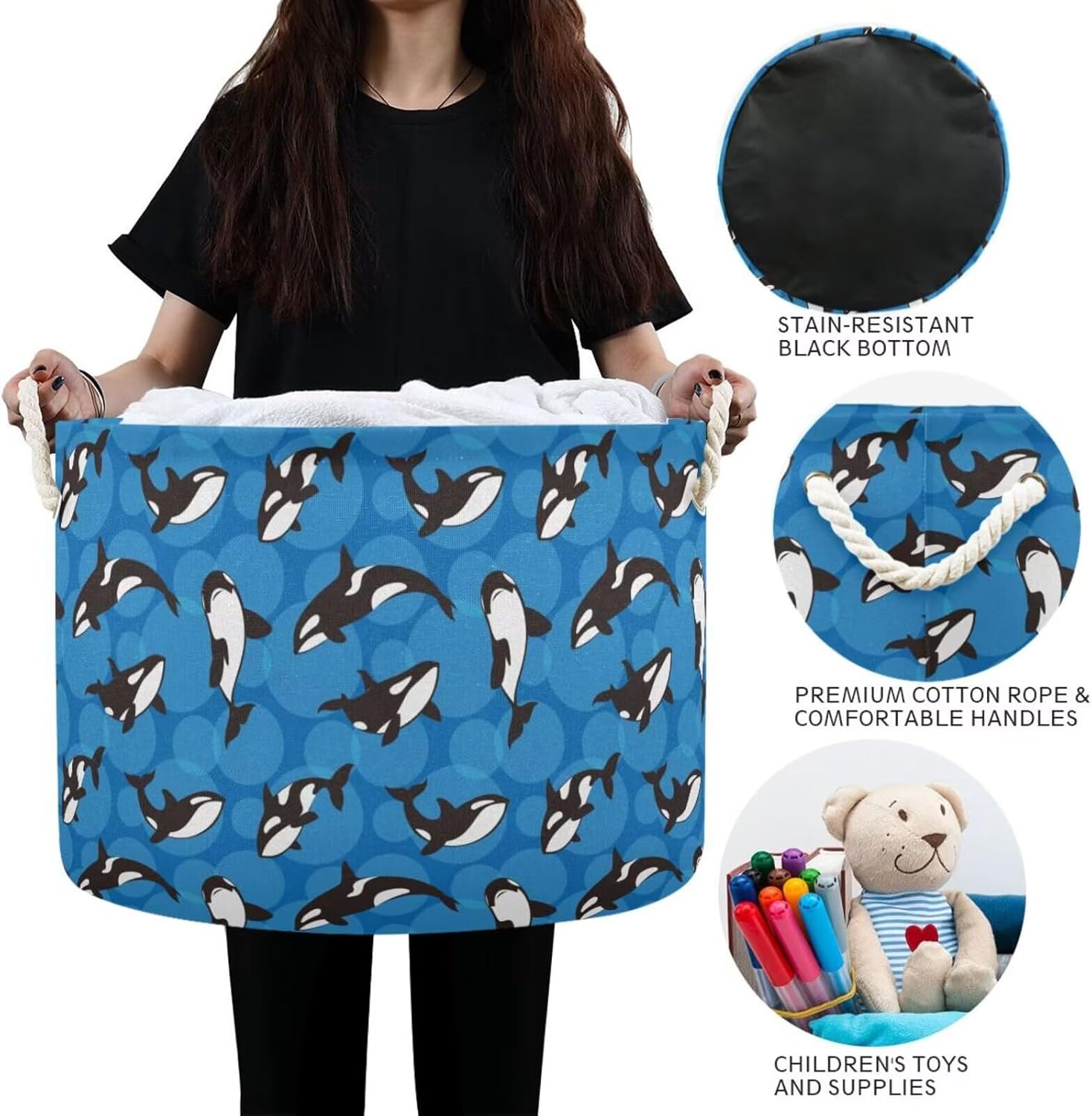 Orca Killer Whale Print Round Storage Basket Ocean Animal Large Laundry Hamper 20 x 20 x 14 Inches Organizer Bin with Cotton Rope Handles Clothes Storage Bag for Nursery Bedroom Living Room Decor