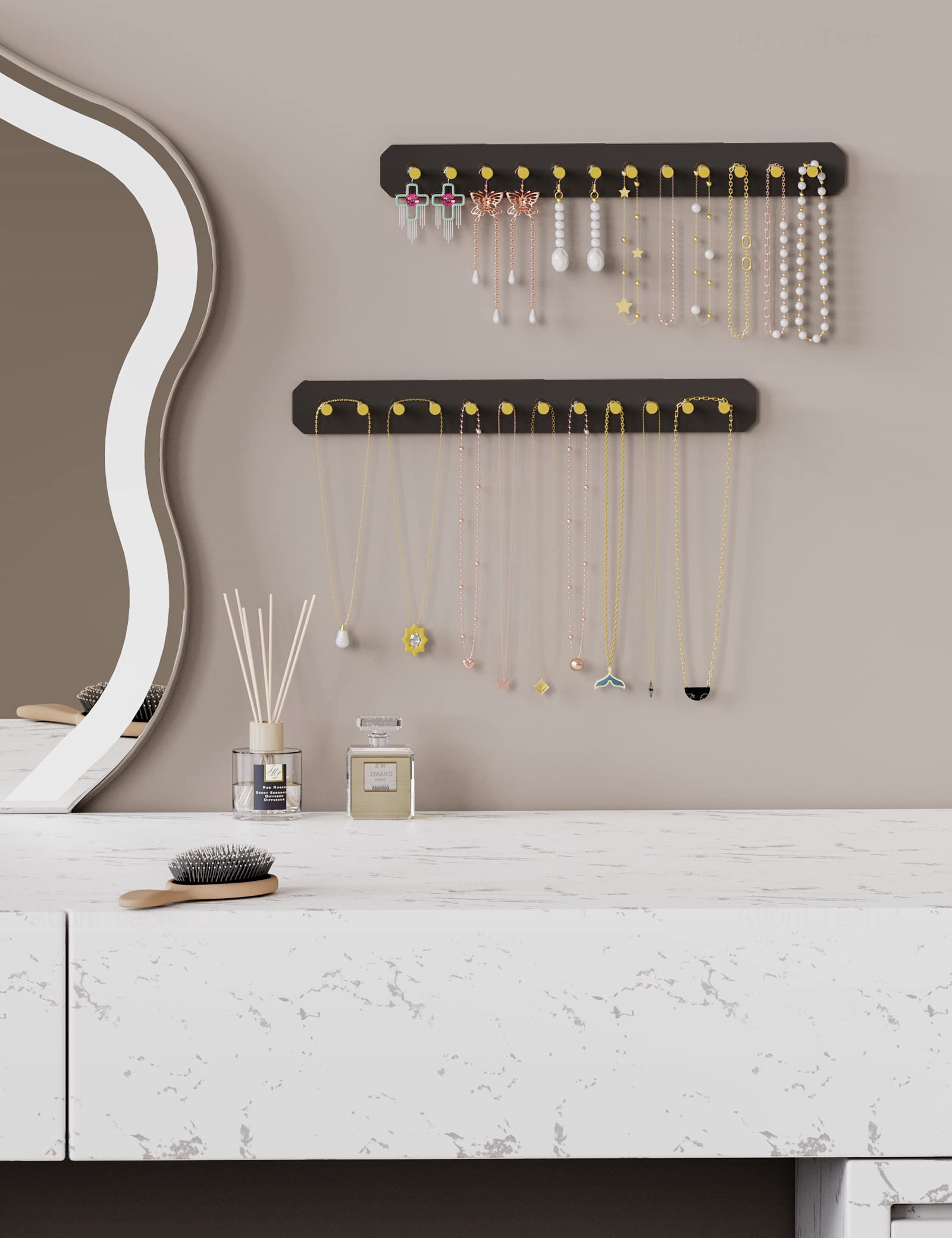 NiHome 2 Stück Wand Ketten Aufbewahrung Schmuckaufbewahrung mit Karbonstahl-Haken, Kettenhalter für Halsketten, Hängend Schmuckhalter für Schminktische, Badezimmer, Küche, Einfache Montage (Schwarz)