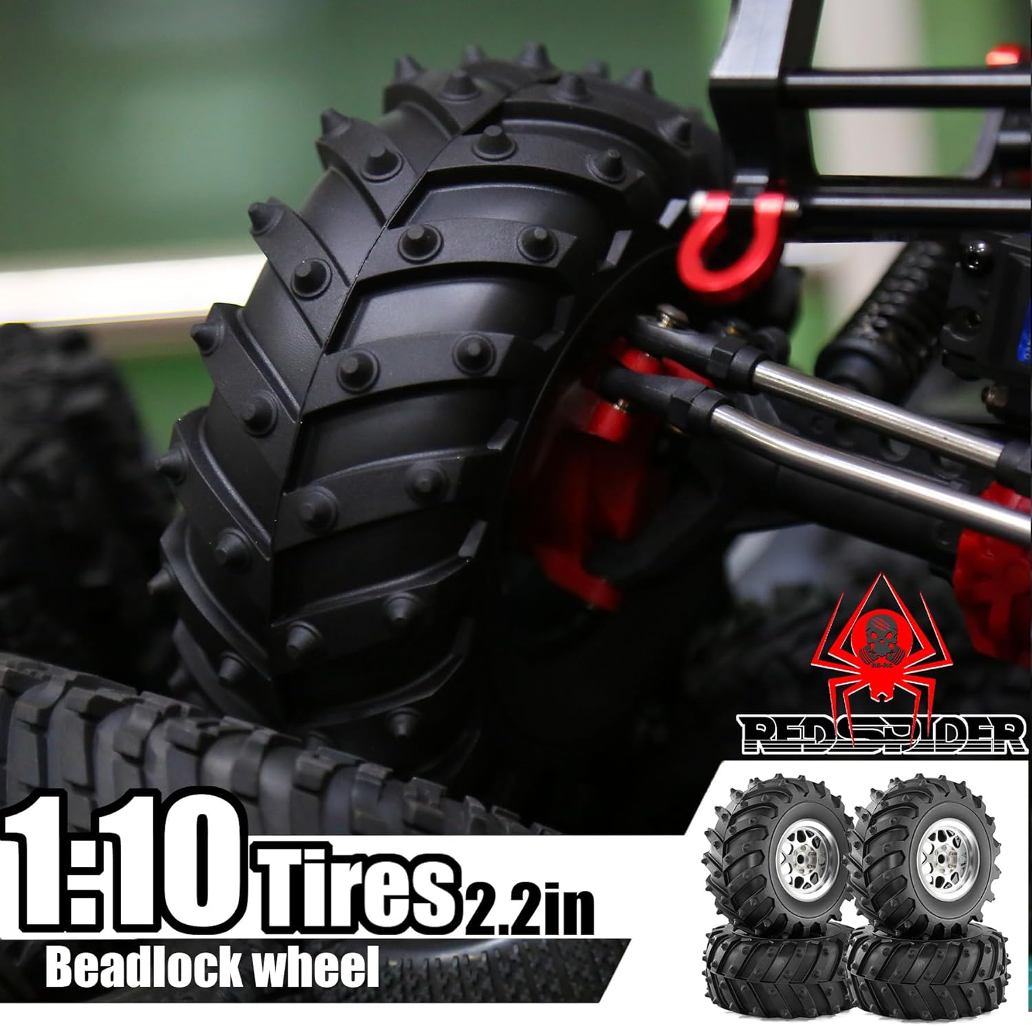 REDSPIDER • Metal 2.2 Beadlock Wheels and Tires 2.2'' Crawler Monster Spike Tire(4pcs) for 1/10 RC Crawler Car TRX4 TRX6 Axial SCX10 90046 SCX10 III AXI03007 Tamiya CC01 D90 D110 (Black)