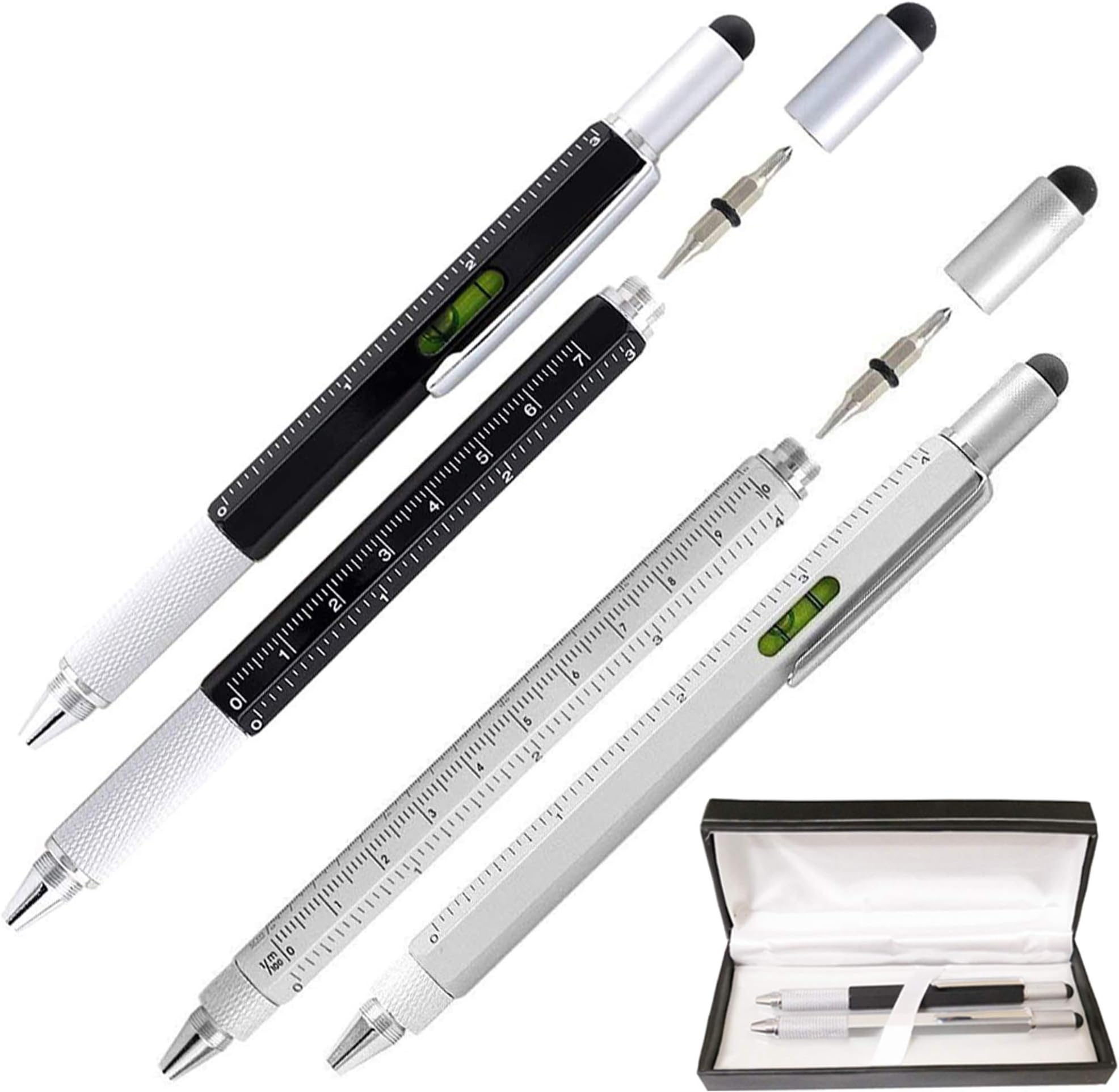 Tools Pen, Rumanle 2-Set 6 in 1 Multifunction Pens With Ballpoint Pen, Stylus Tip, Ruler, 2 kinds Screwdrivers, Level Gradienter - Multifunction Writing Instruments With Metal Shell - Black & Silver