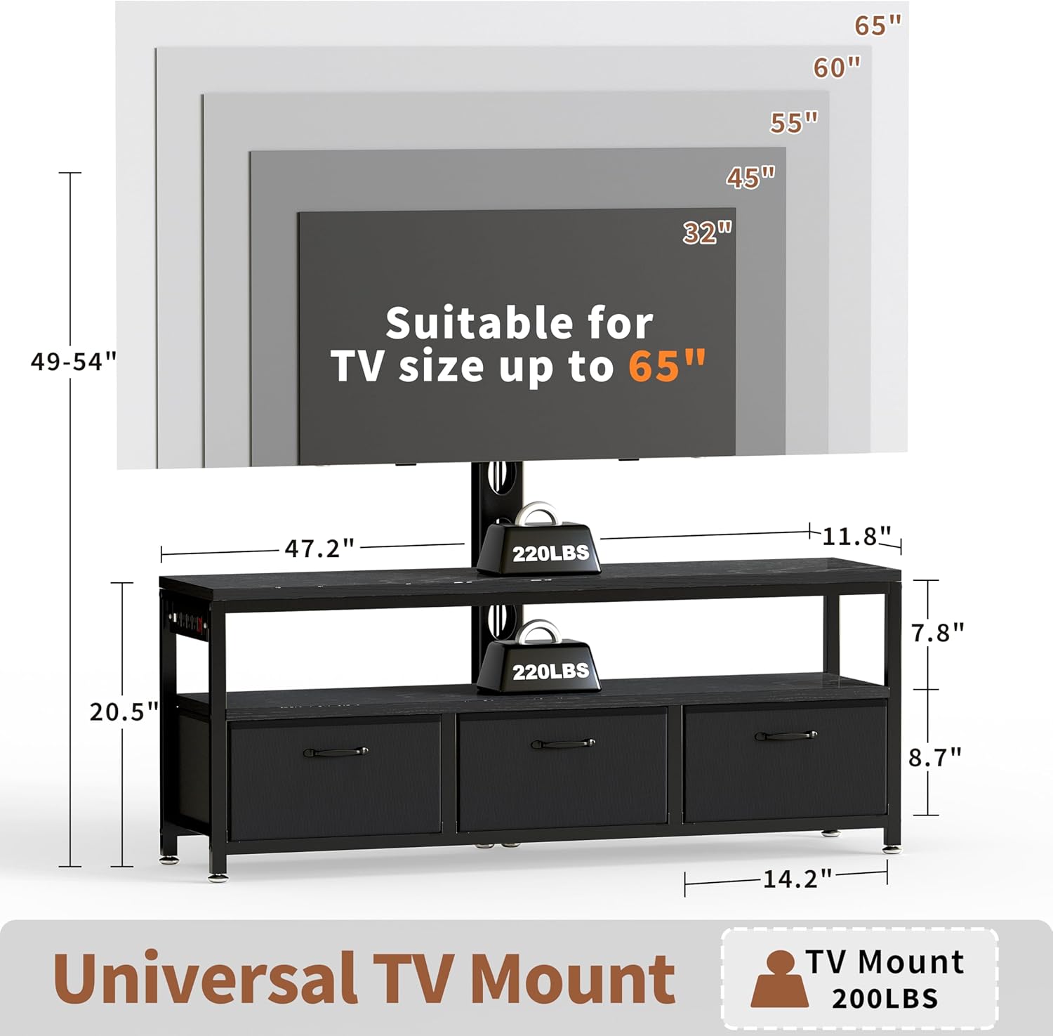 JUSTOGO TV Stand with Mount and Power Outlet, TV Stand Mount with Storage for Living Room, Entertainment Center with LED Lights for 45/55/60/65 inch, Height Adjustable Media Console, Black - Image 5