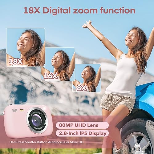 Miniatura 7 de Cámara digital rosa 5K para fotografía, cámara de vlogging portátil UHD de 80 MP, cámara de punto de viaje y disparo con zoom 18X con tarjeta TF