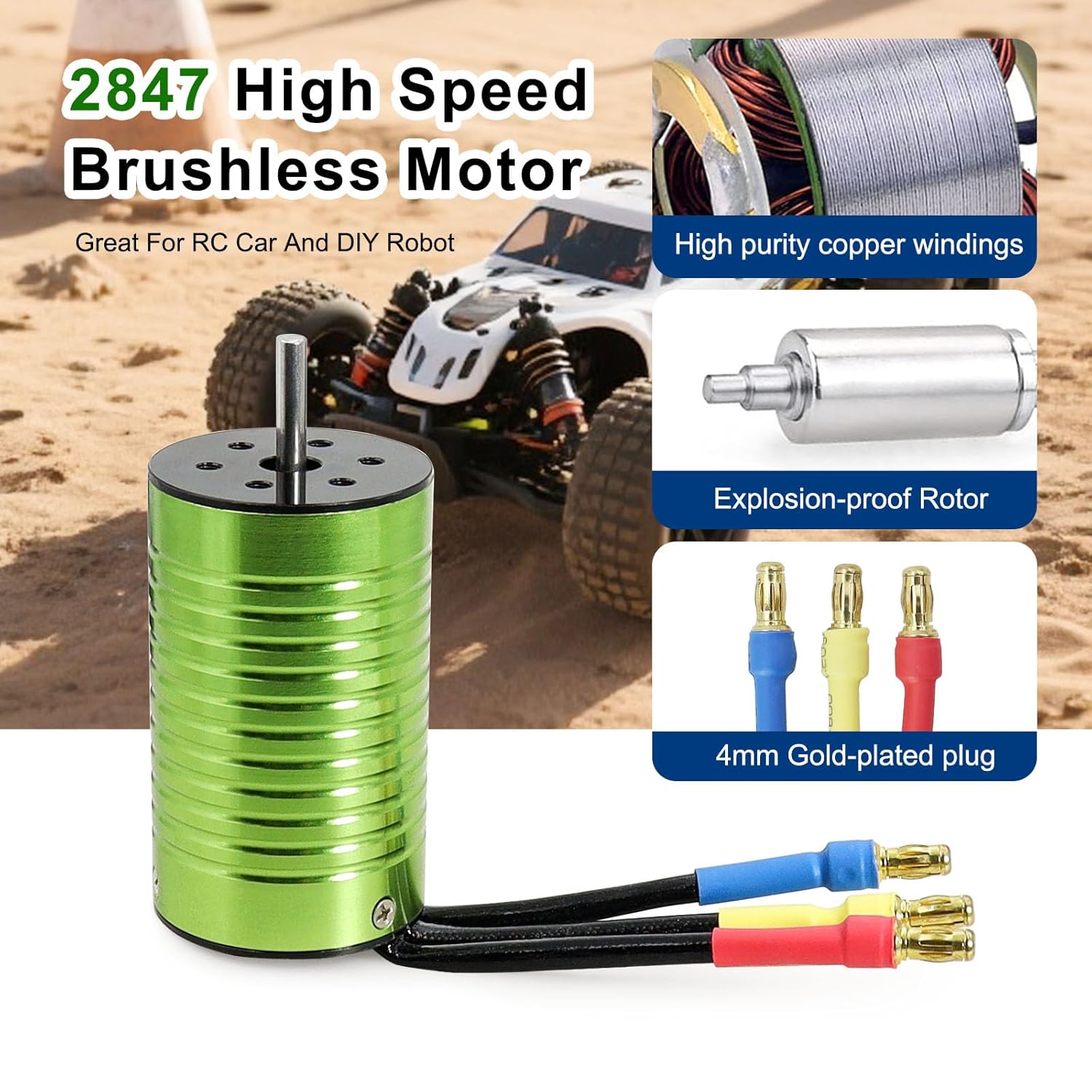 RAMWAY BL2847 RC Car Brushless Motor 3800KV Replacement 3.175mm Shaft Sensorless High Speed Connetor Compatible with 1/12 1/14 1/16 Vehicles Truck Update Parts Replacement