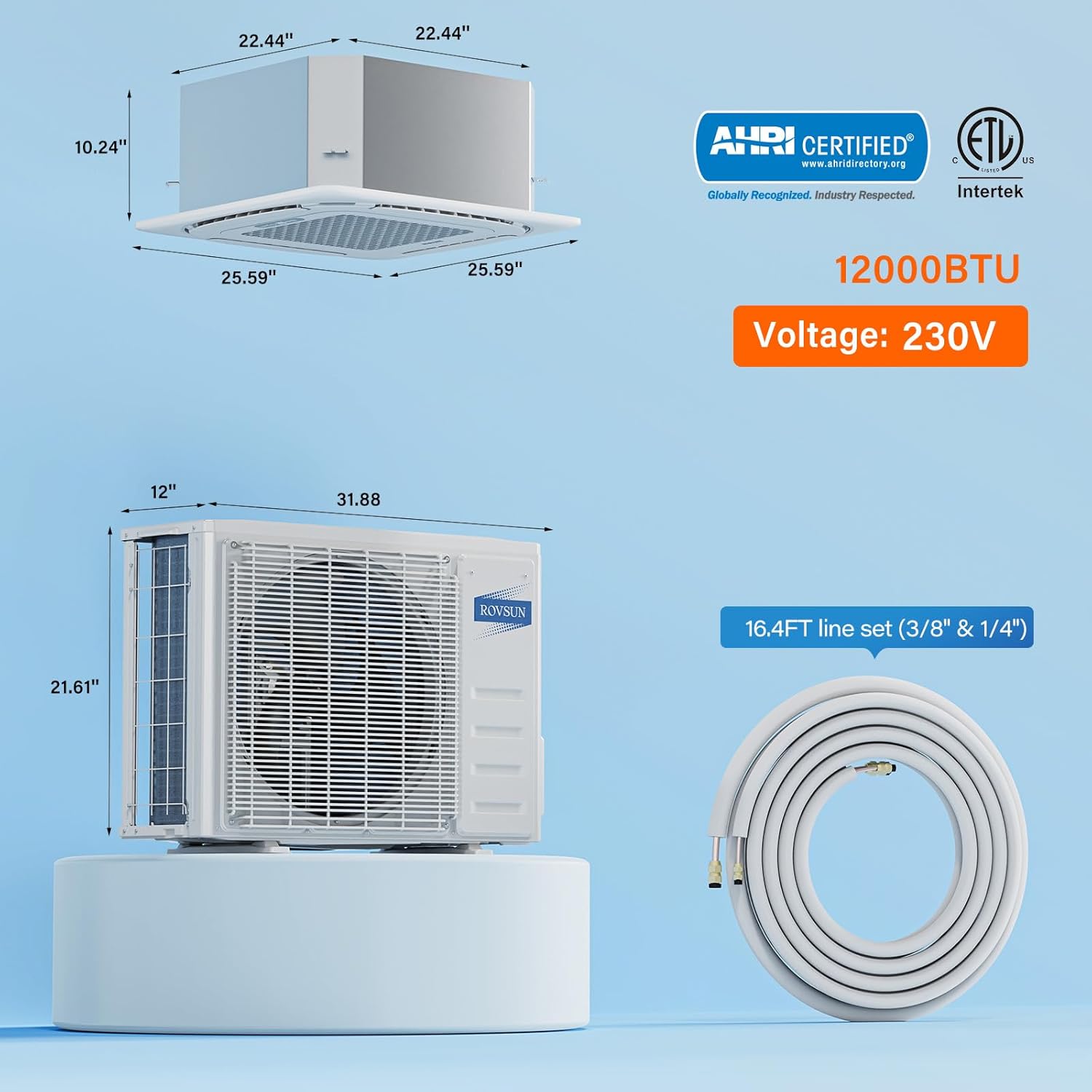 ROVSUN 12000 BTU Smart WIFI Ceiling Cassette Mini Split AC/Heating System with Inverter & APP Control, 24 SEER2 Ductless Air Conditioner with Pre-Charged Condenser, Heat Pump & Installation Kit, 230V